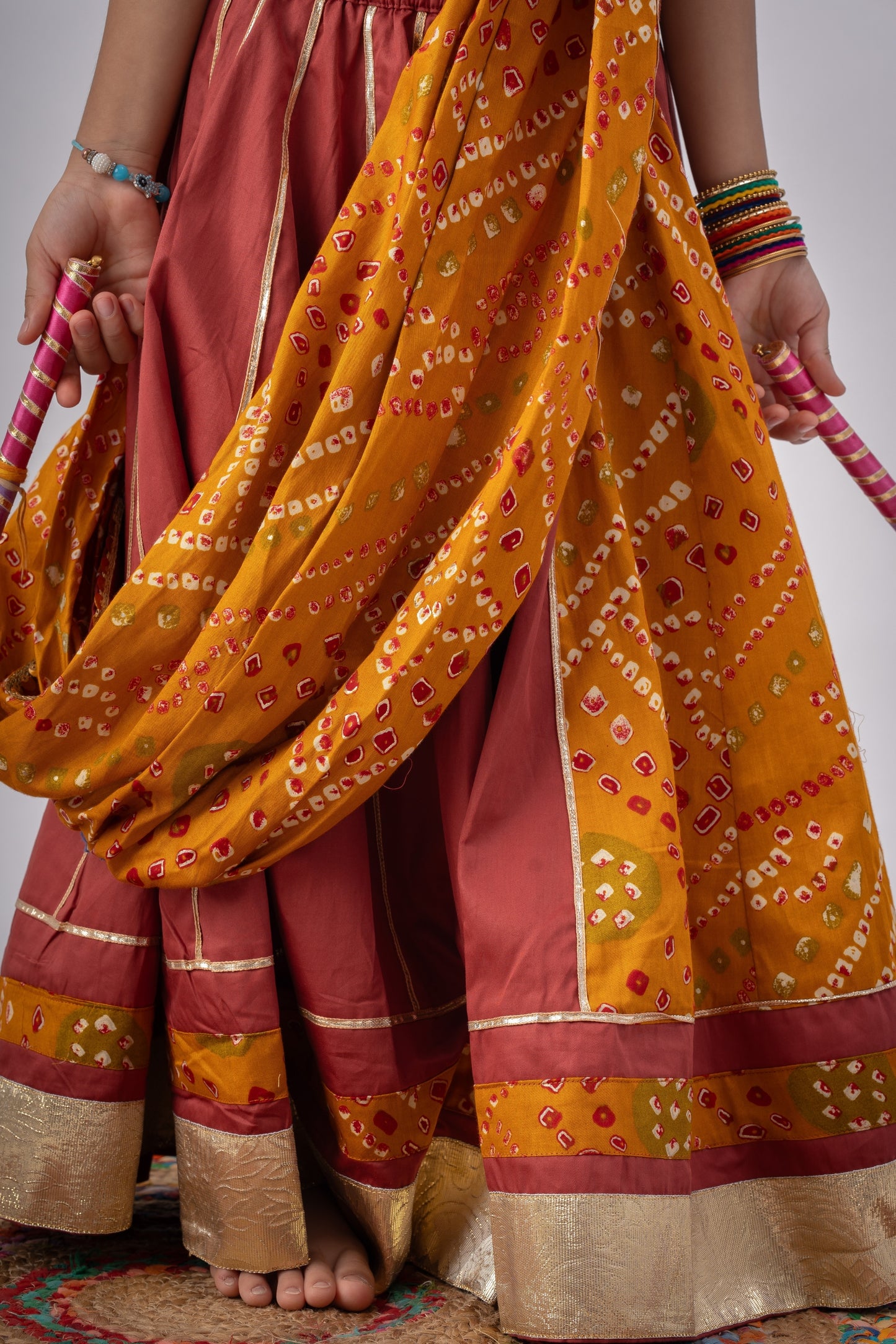 Girls Ghoomar Pure Cotton Chaniya Choli Ethnic Clothing set - Cinnamon Red