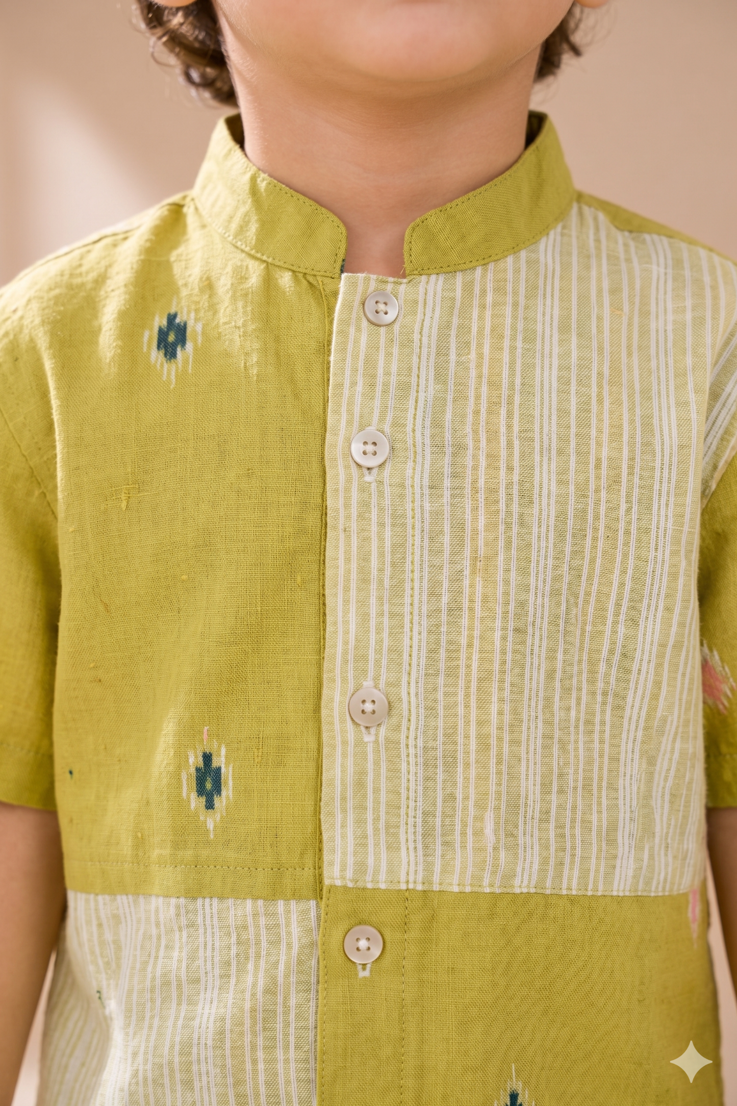 Boys Pure Handloom Cotton shirt with beige shorts - Lime Green