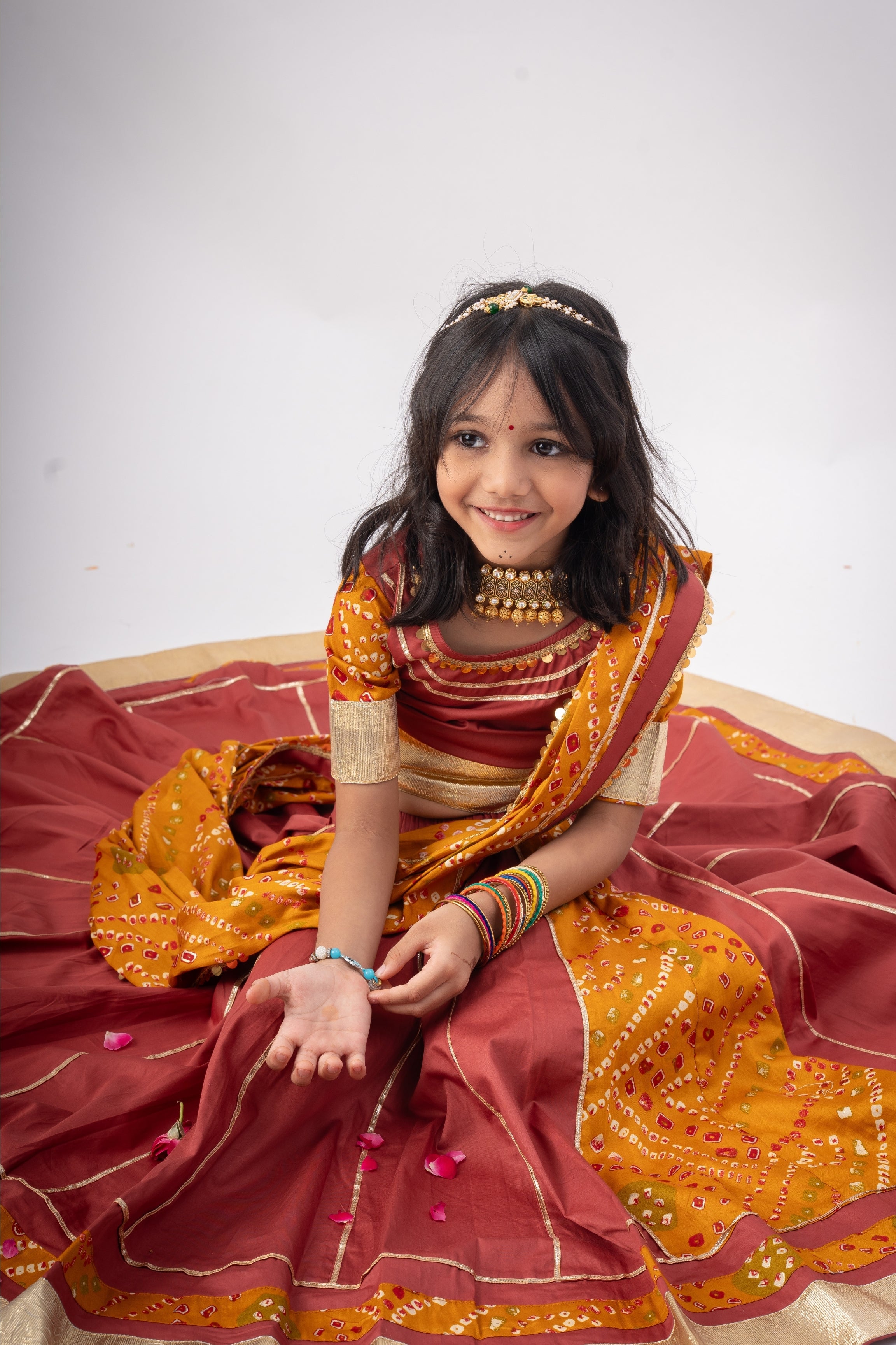 Girls Ghoomar Pure Cotton Chaniya Choli Ethnic Clothing set - Cinnamon Red