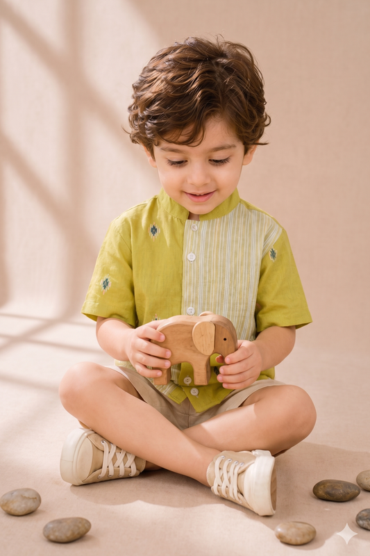 Boys Pure Handloom Cotton shirt with beige shorts - Lime Green