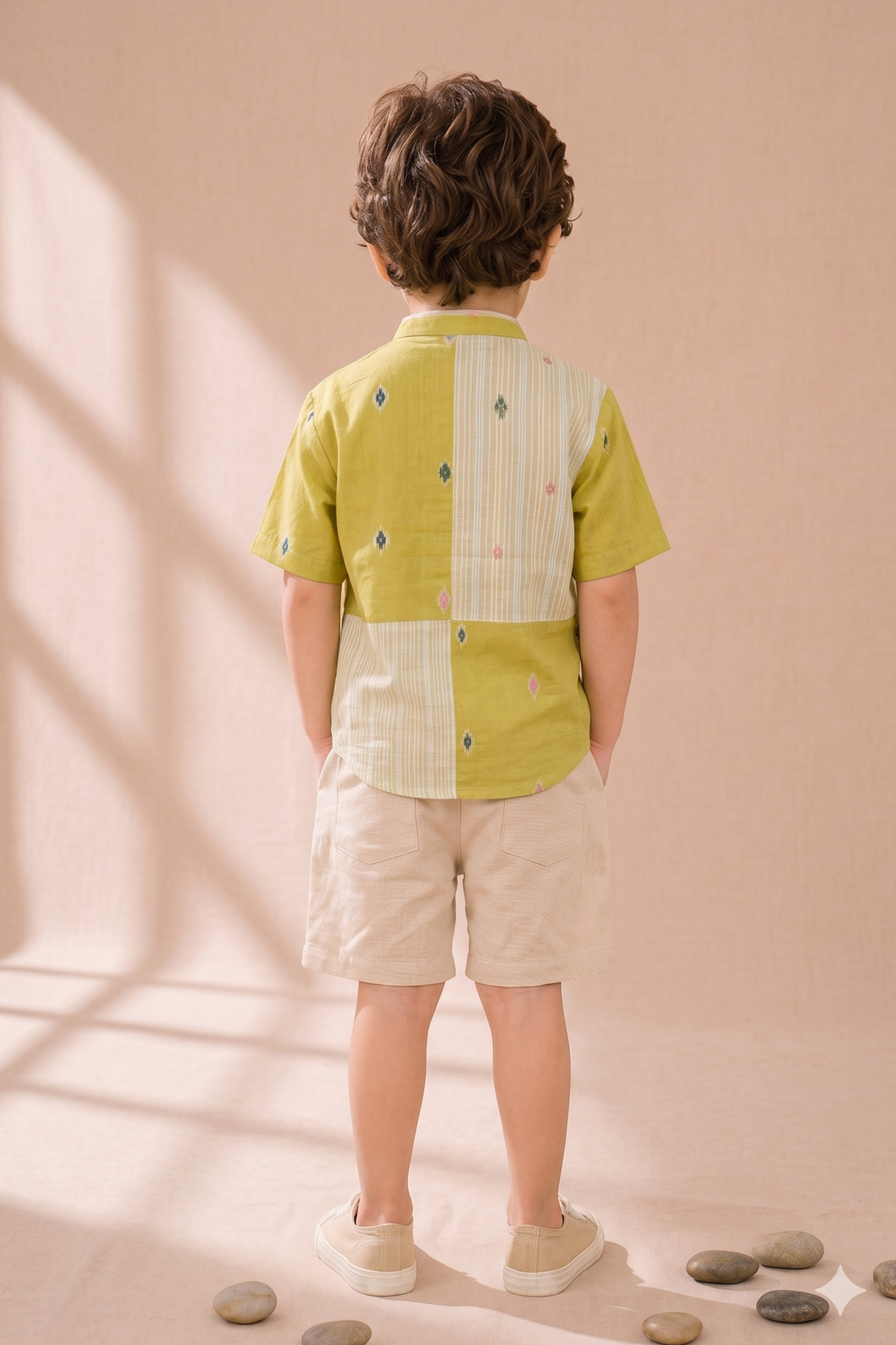 Boys Pure Handloom Cotton shirt with beige shorts - Lime Green