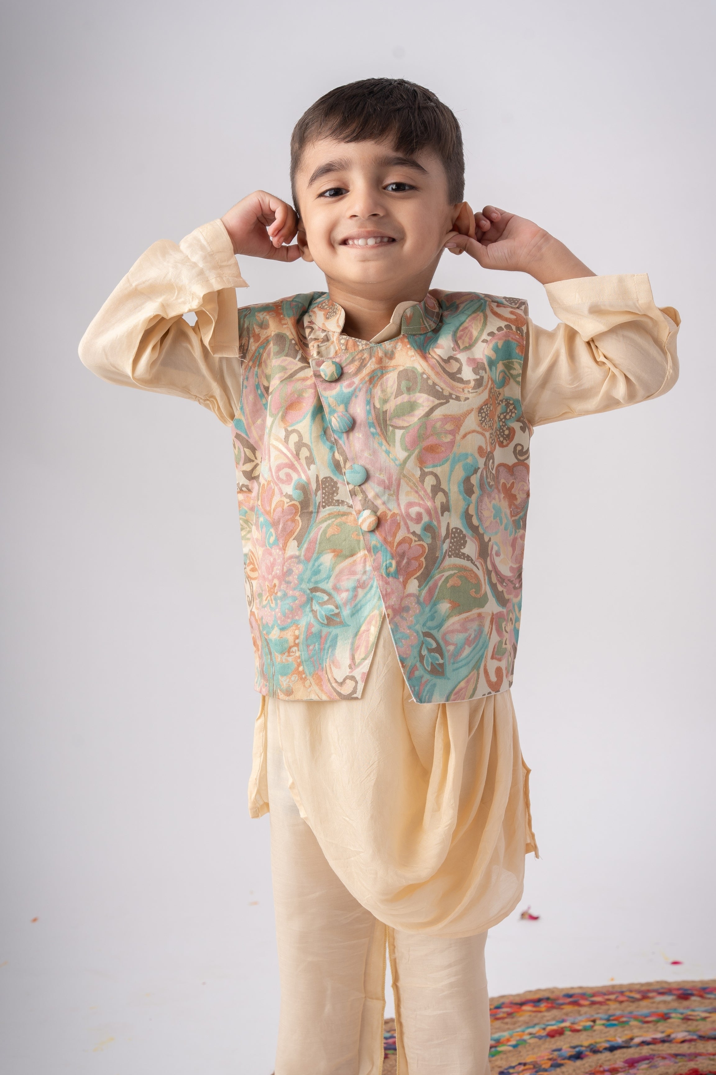 Boys Nawaab Silk Cowl Kurta Set with Bundi - Ivory