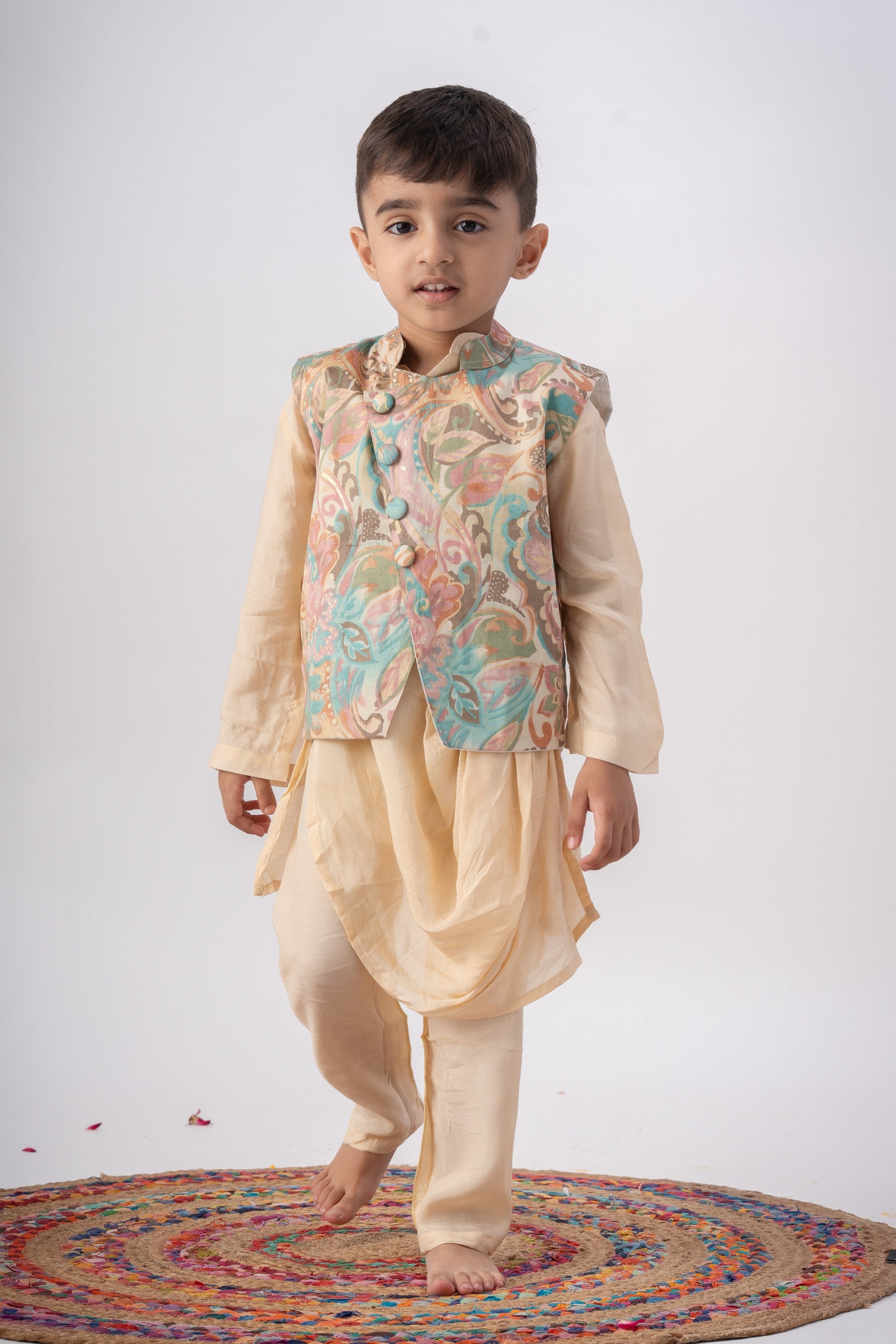 Boys Nawaab Silk Cowl Kurta Set with Bundi - Ivory