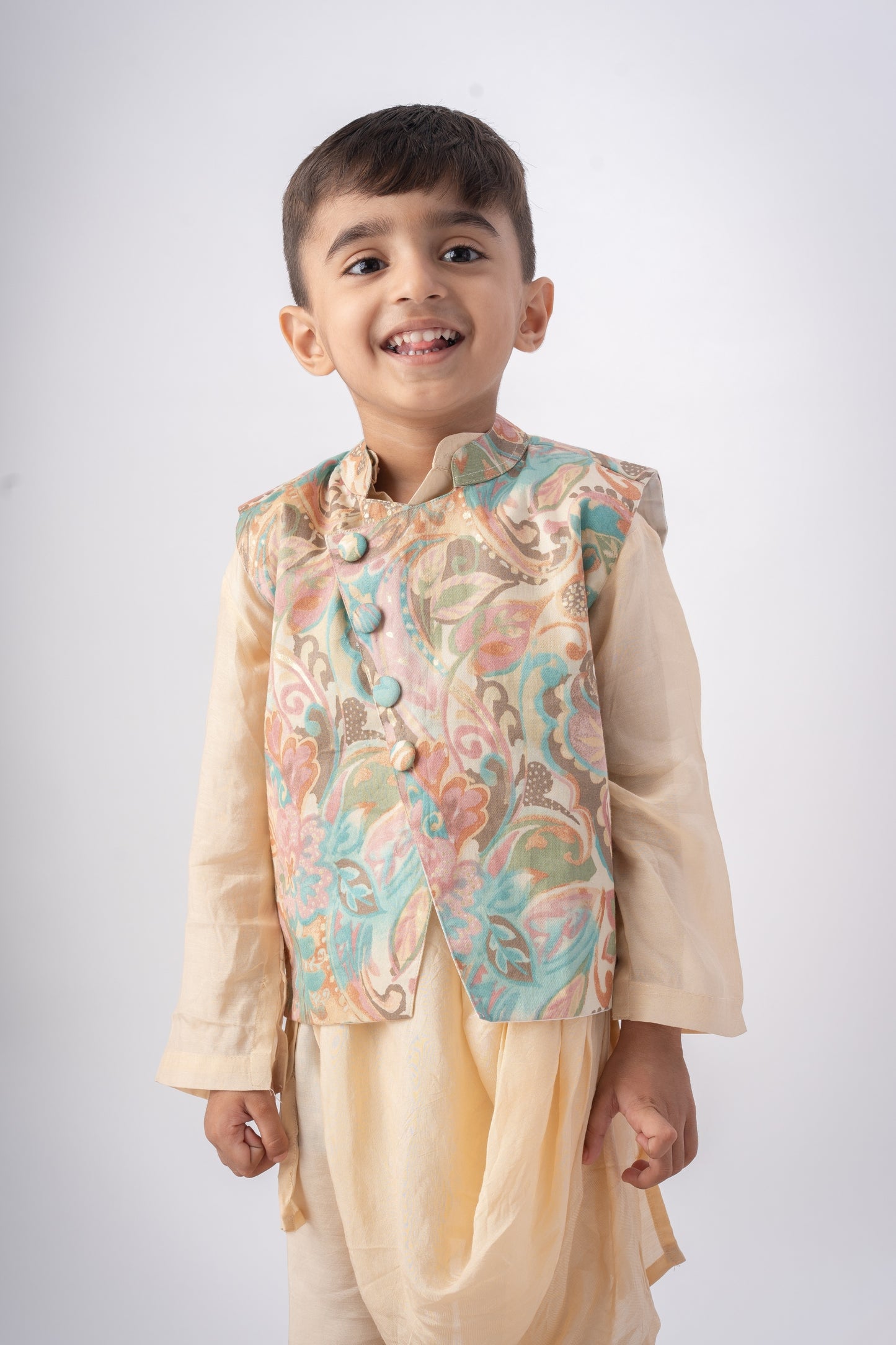 Boys Nawaab Silk Cowl Kurta Set with Bundi - Ivory