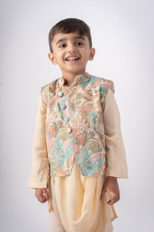 Boys Nawaab Silk Cowl Kurta Set with Bundi - Ivory