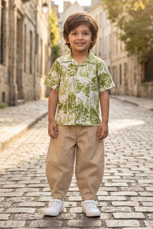 Boys Island Printed Shirt with loose fit pants - Green Beige