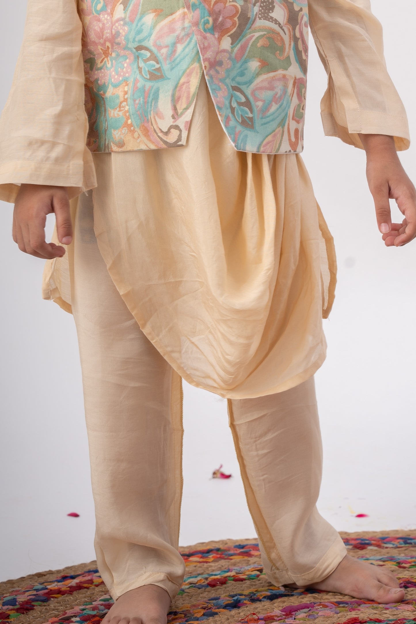 Boys Nawaab Silk Cowl Kurta Set with Bundi - Ivory