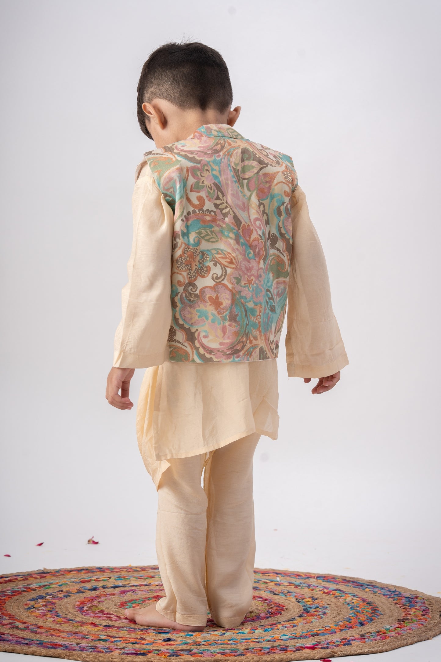Boys Nawaab Silk Cowl Kurta Set with Bundi - Ivory
