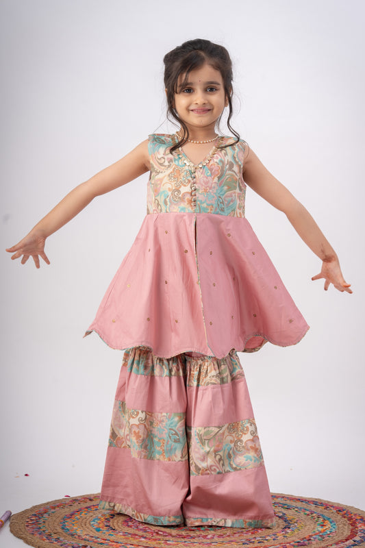 Girls Navrang Pure Cotton Color Block Sharara Set - Peach