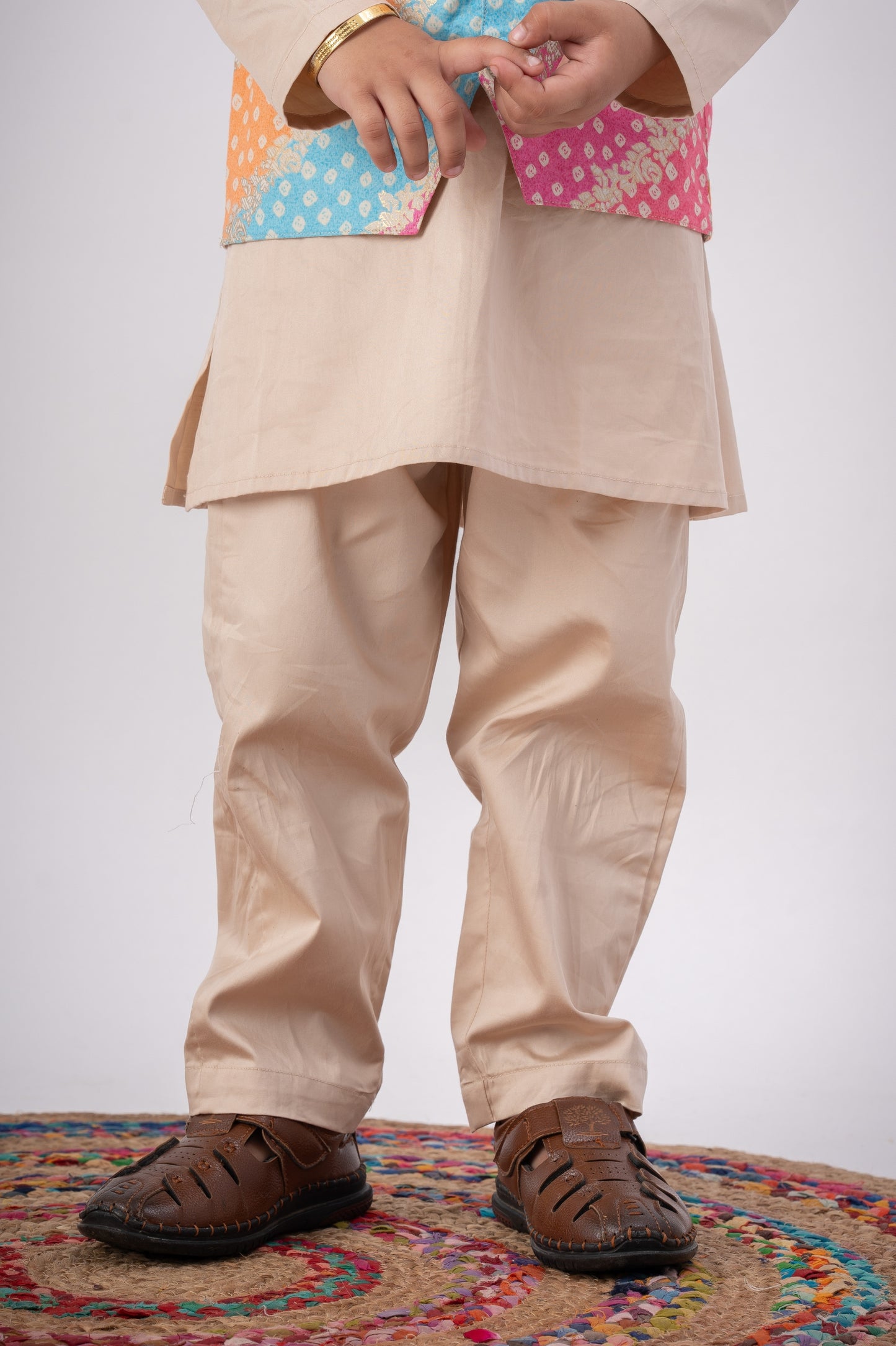 Boys Navrang Kurta Pant & Jacket 3 piece ethnic clothing set - Ivory Bandhej