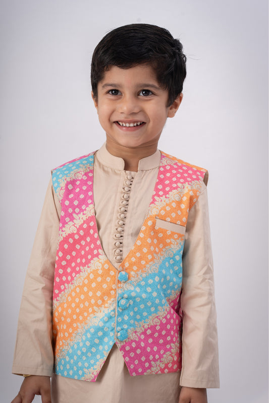Boys Navrang Kurta Pant & Jacket 3 piece ethnic clothing set - Ivory Bandhej