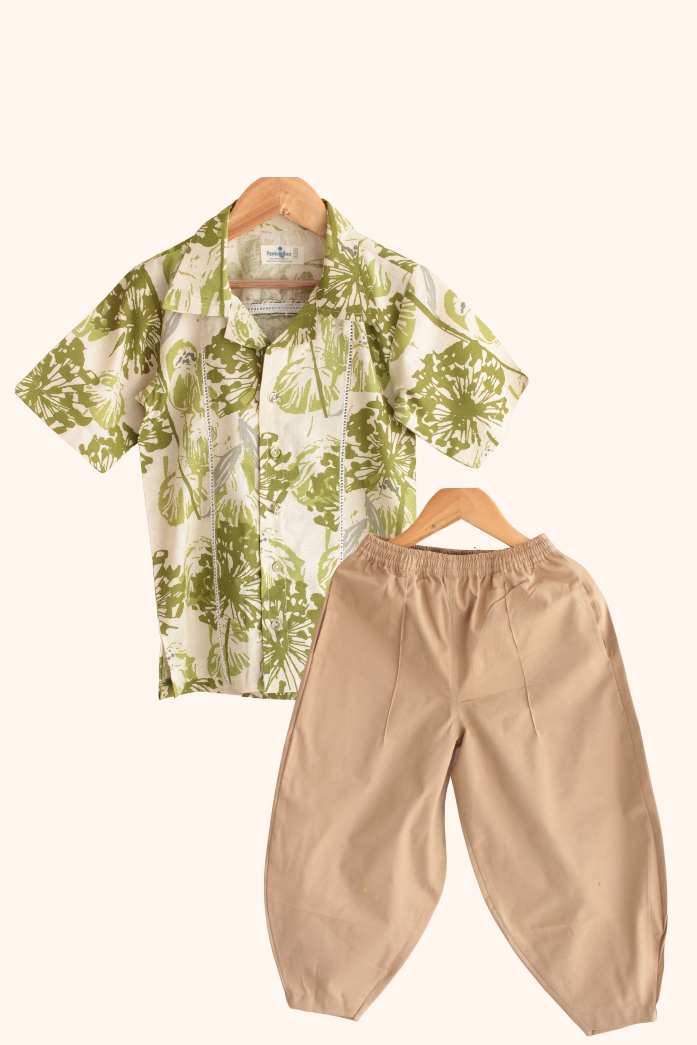 Boys Island Printed Shirt with loose fit pants - Green Beige