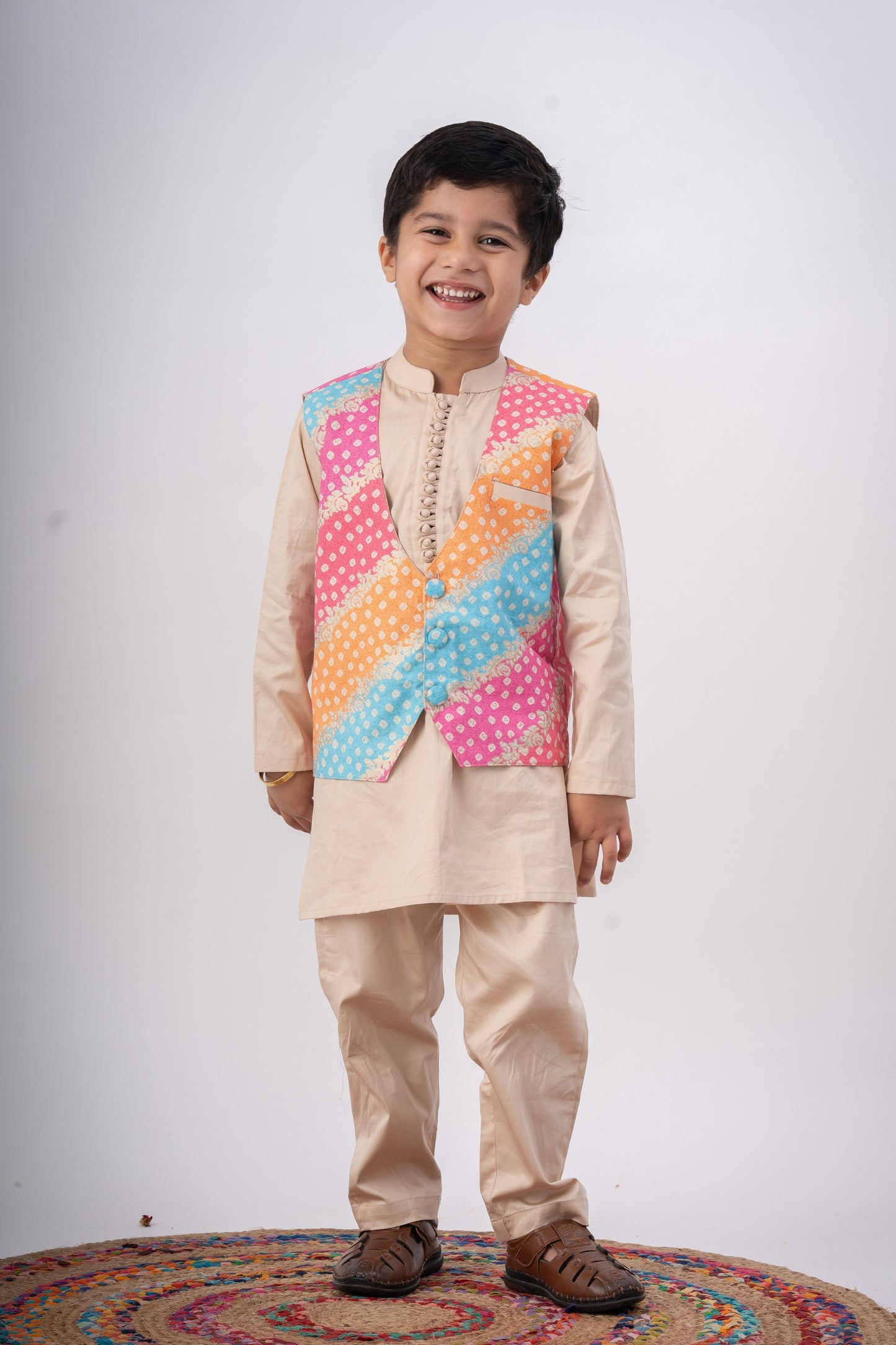 Boys Navrang Kurta Pant & Jacket 3 piece ethnic clothing set - Ivory Bandhej