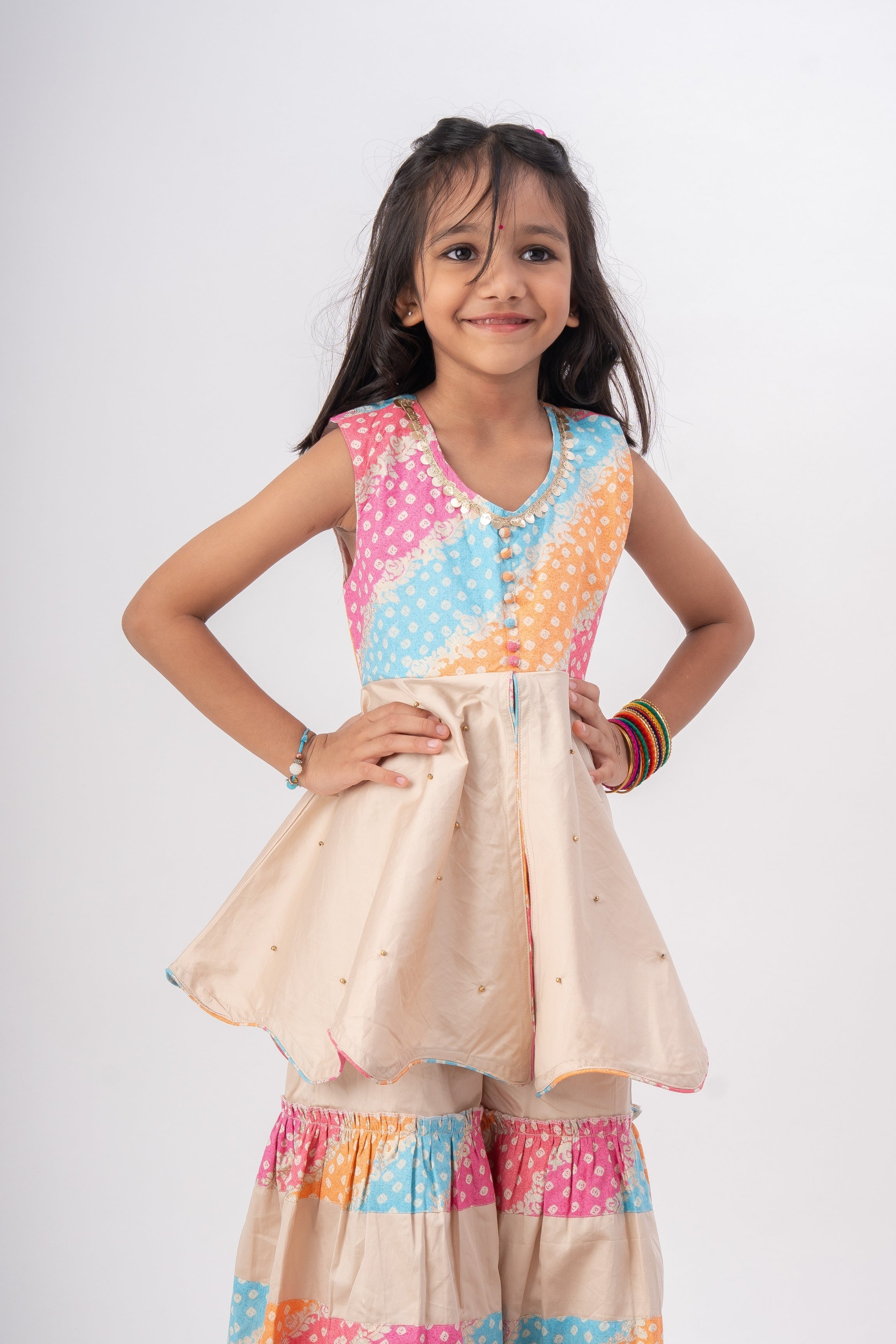 Girls Navrang Pure Cotton Color Block Sharara Set - Ivory