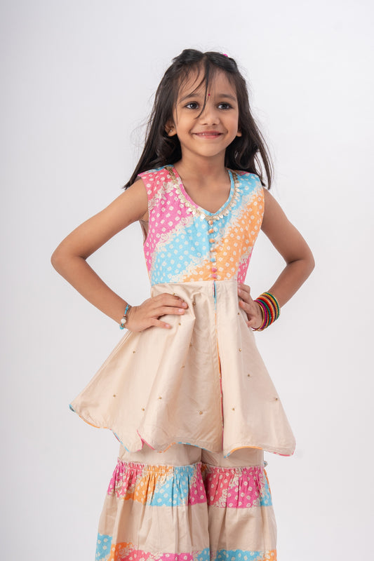 Girls Navrang Pure Cotton Color Block Sharara Set - Ivory