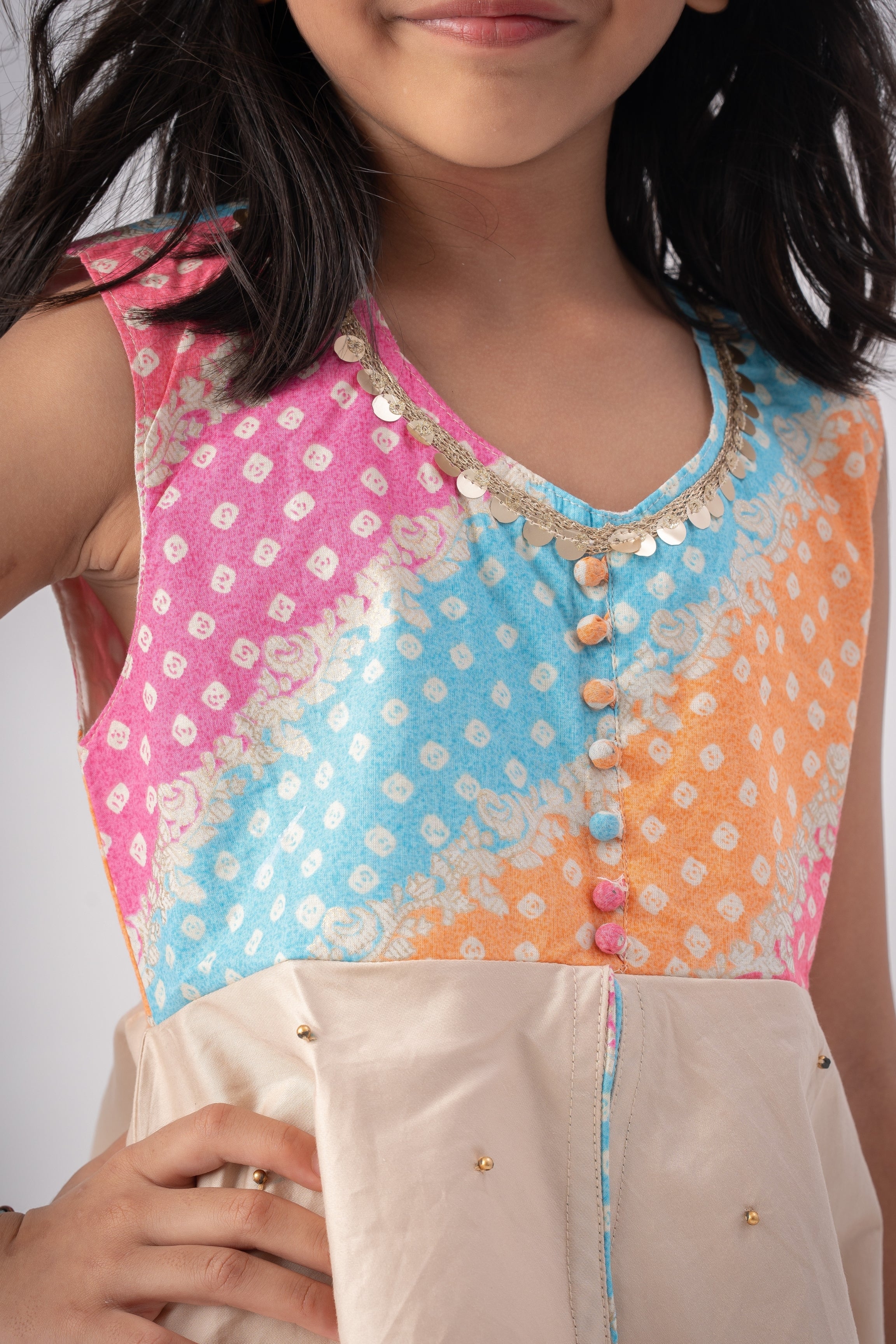 Girls Navrang Pure Cotton Color Block Sharara Set - Ivory