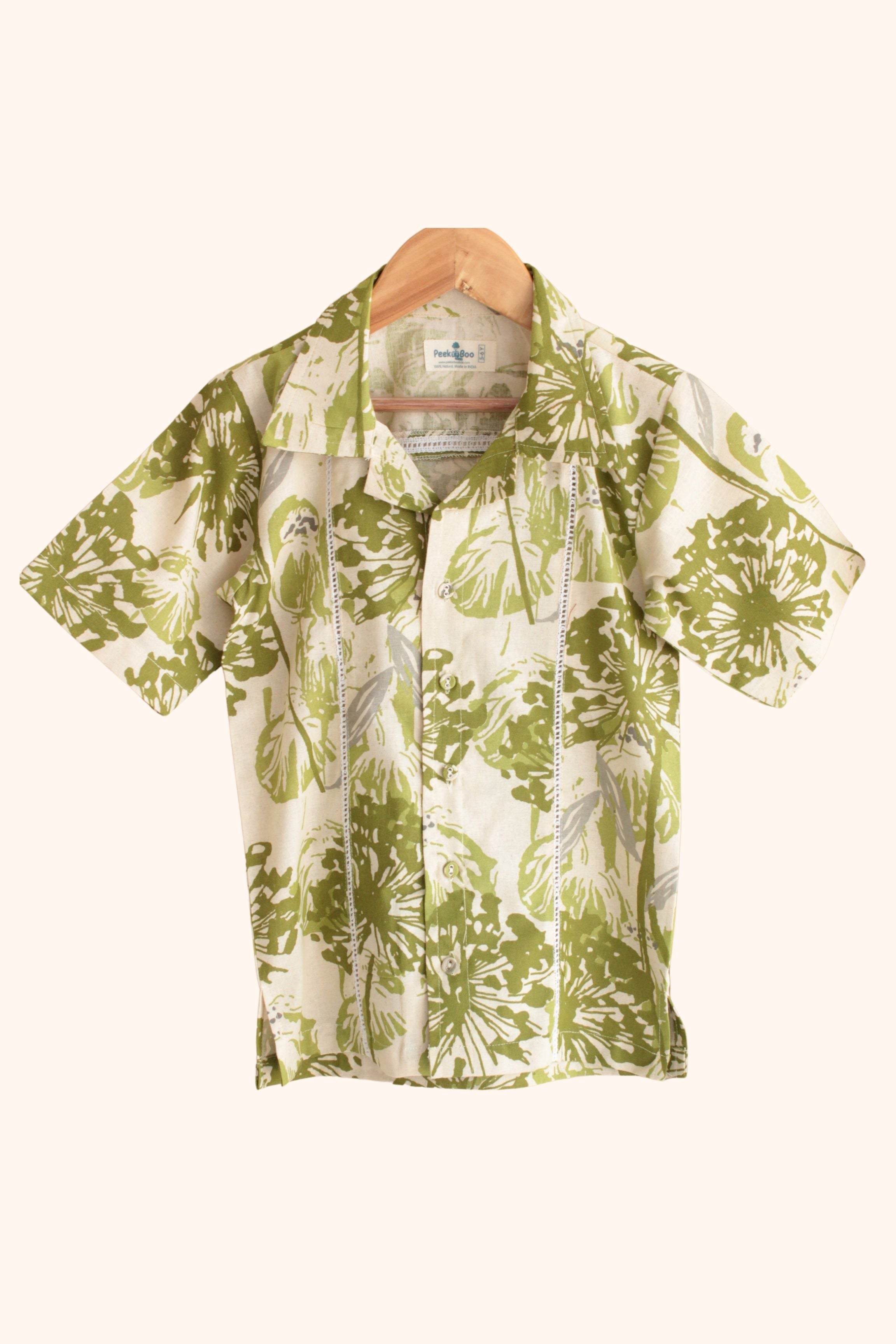 Boys Island Printed Shirt with loose fit pants - Green Beige