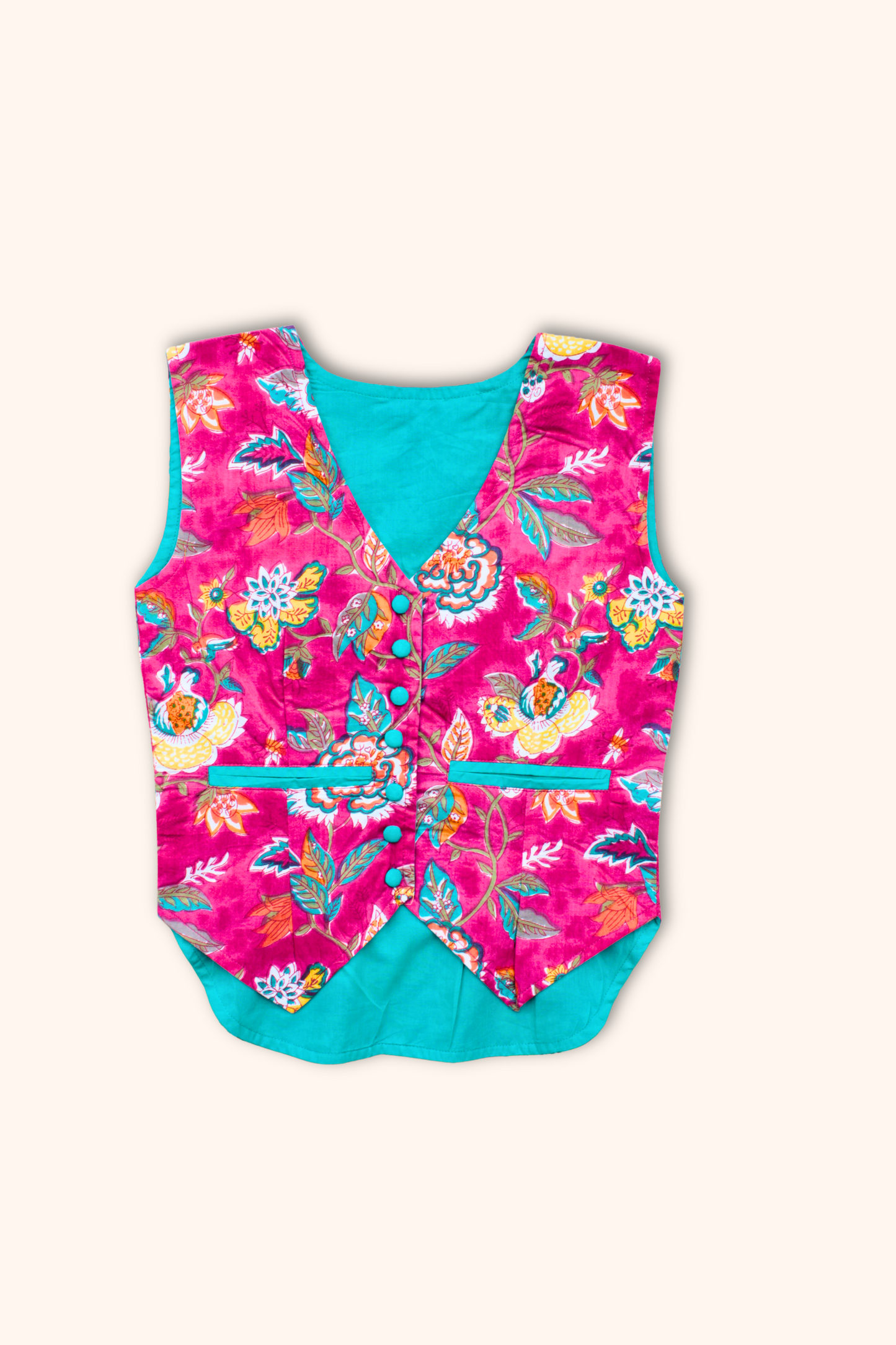 Girls Adele Printed Waist Coat and Solid Pants set - Pink & Turquoise