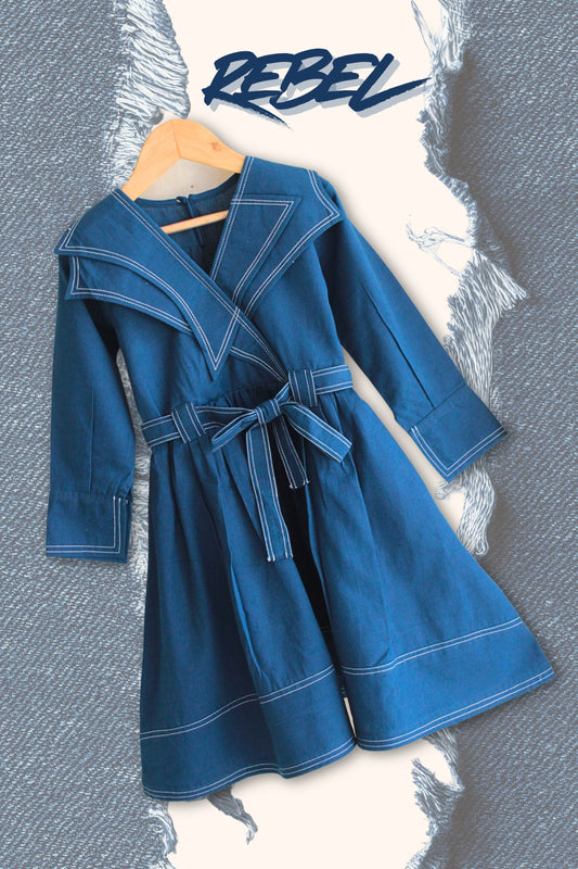 Girls Rebel Pure Cotton Denim style dress - Teal Blue