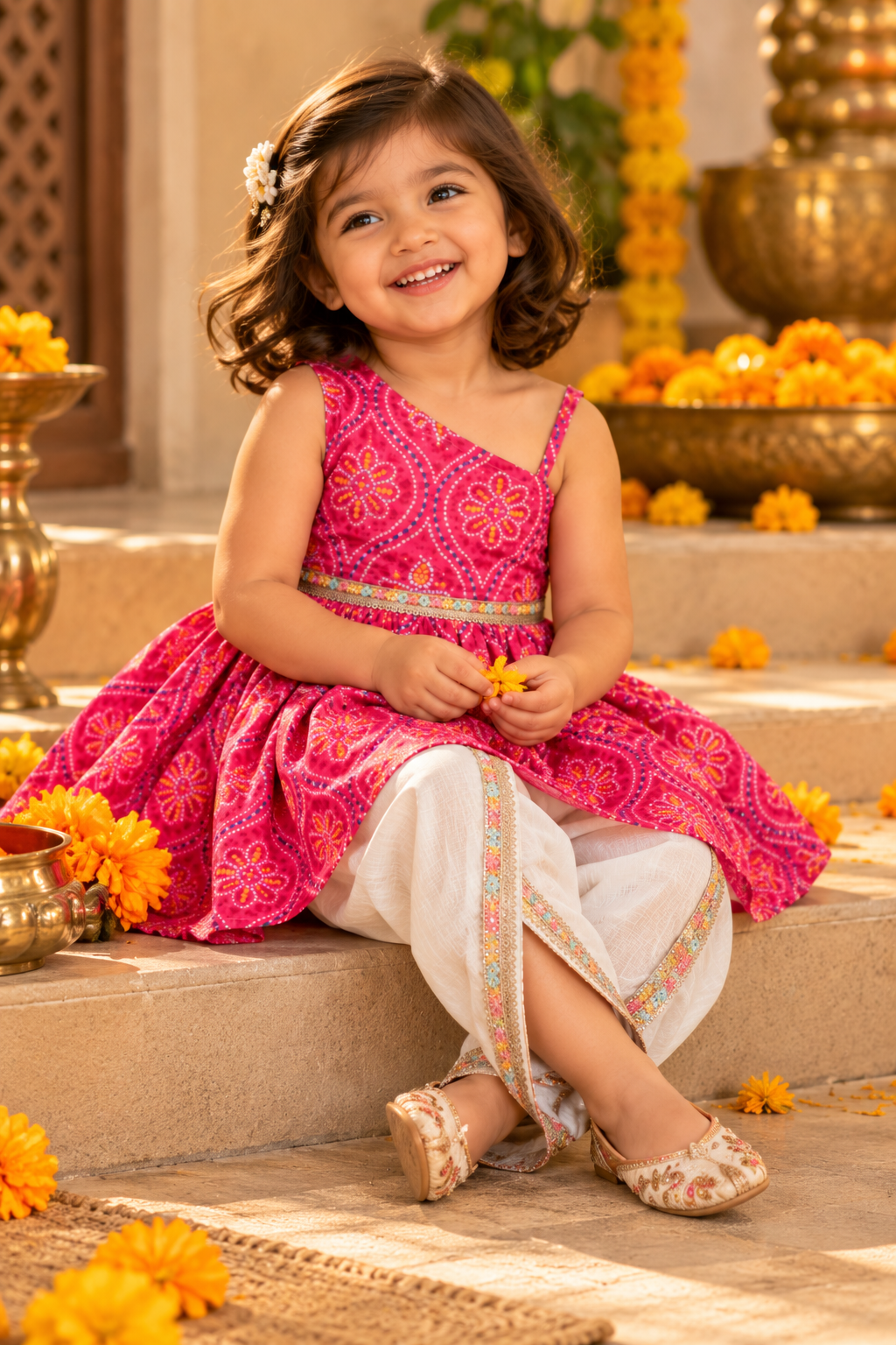 Girls Saavan Pure Cotton Ethnic Clothing set - Pink Bandhej