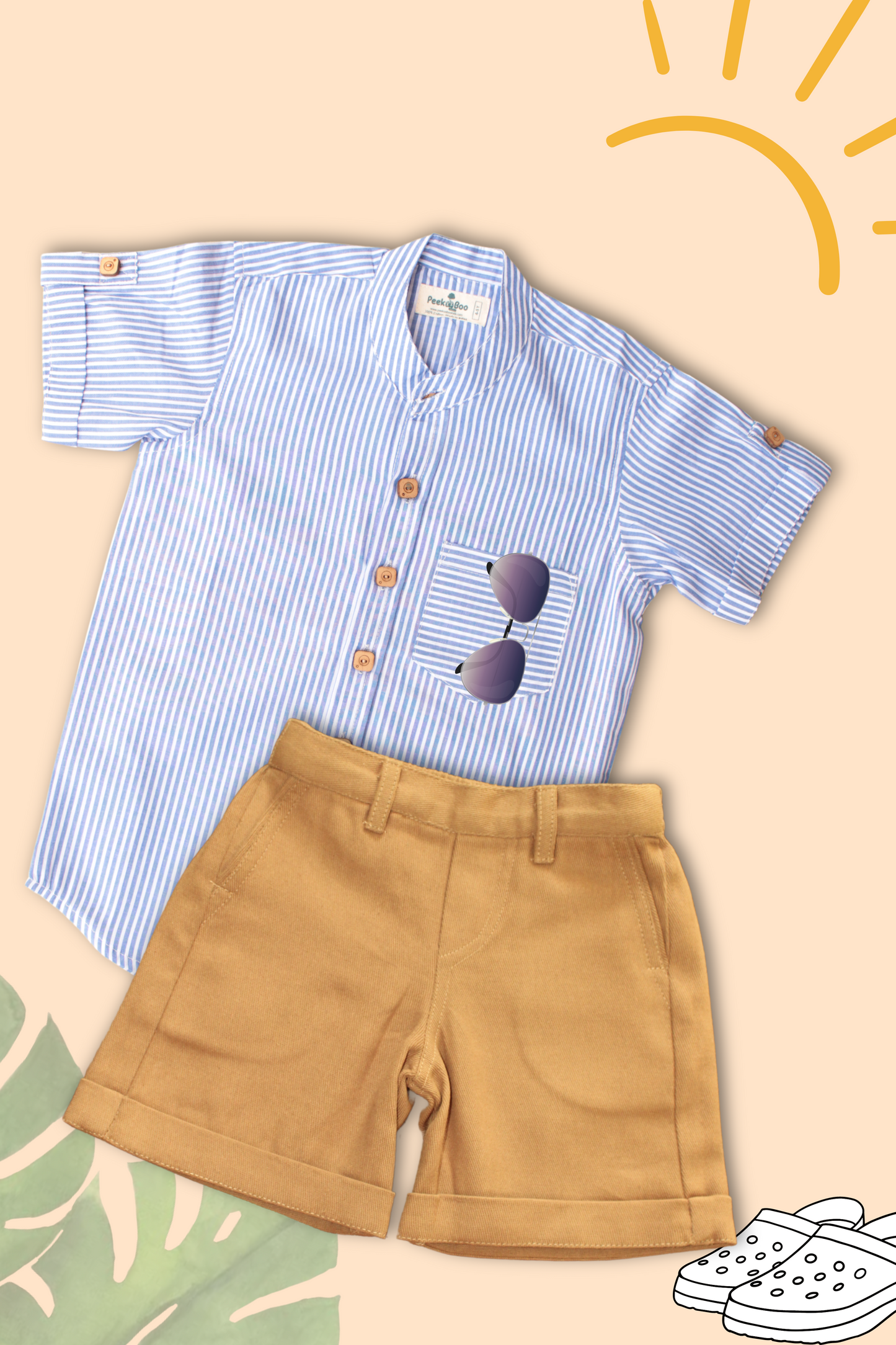 Boys Pure Cotton Clothing Set - Blue Striped Half Sleeve Shirt & Tan Shorts - Peekaaboo Kids - Above 1000, Boys, Clothing Set, Featured