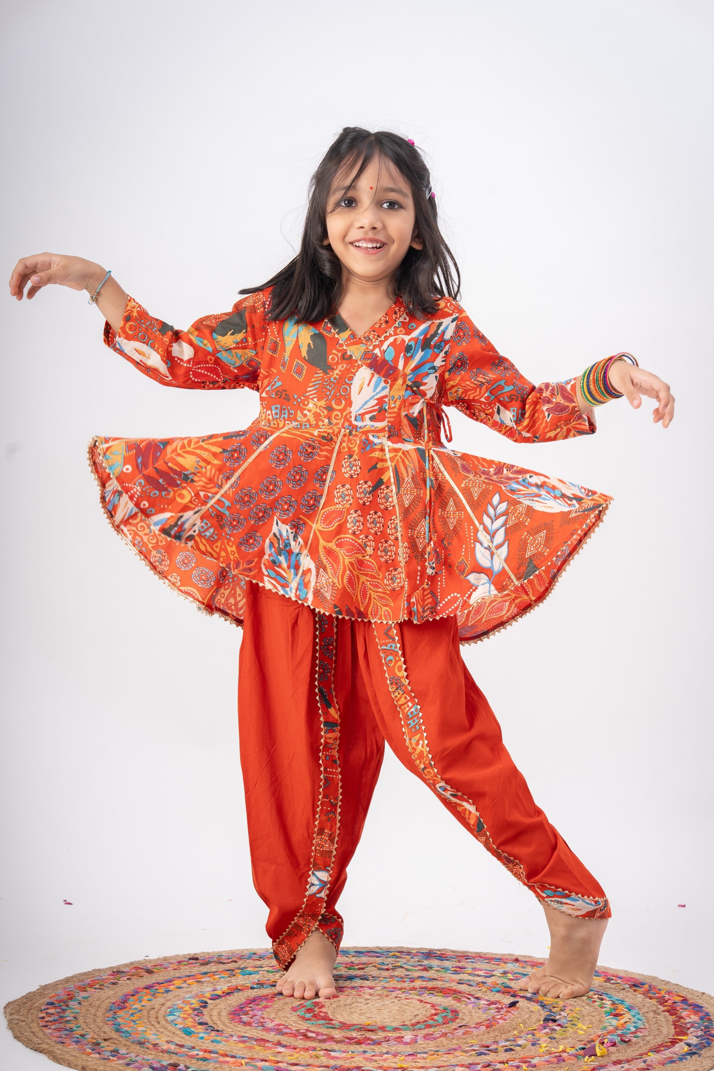 Girls Radhe Top and Dhoti Pants Ethnic Clothing Set - Rust