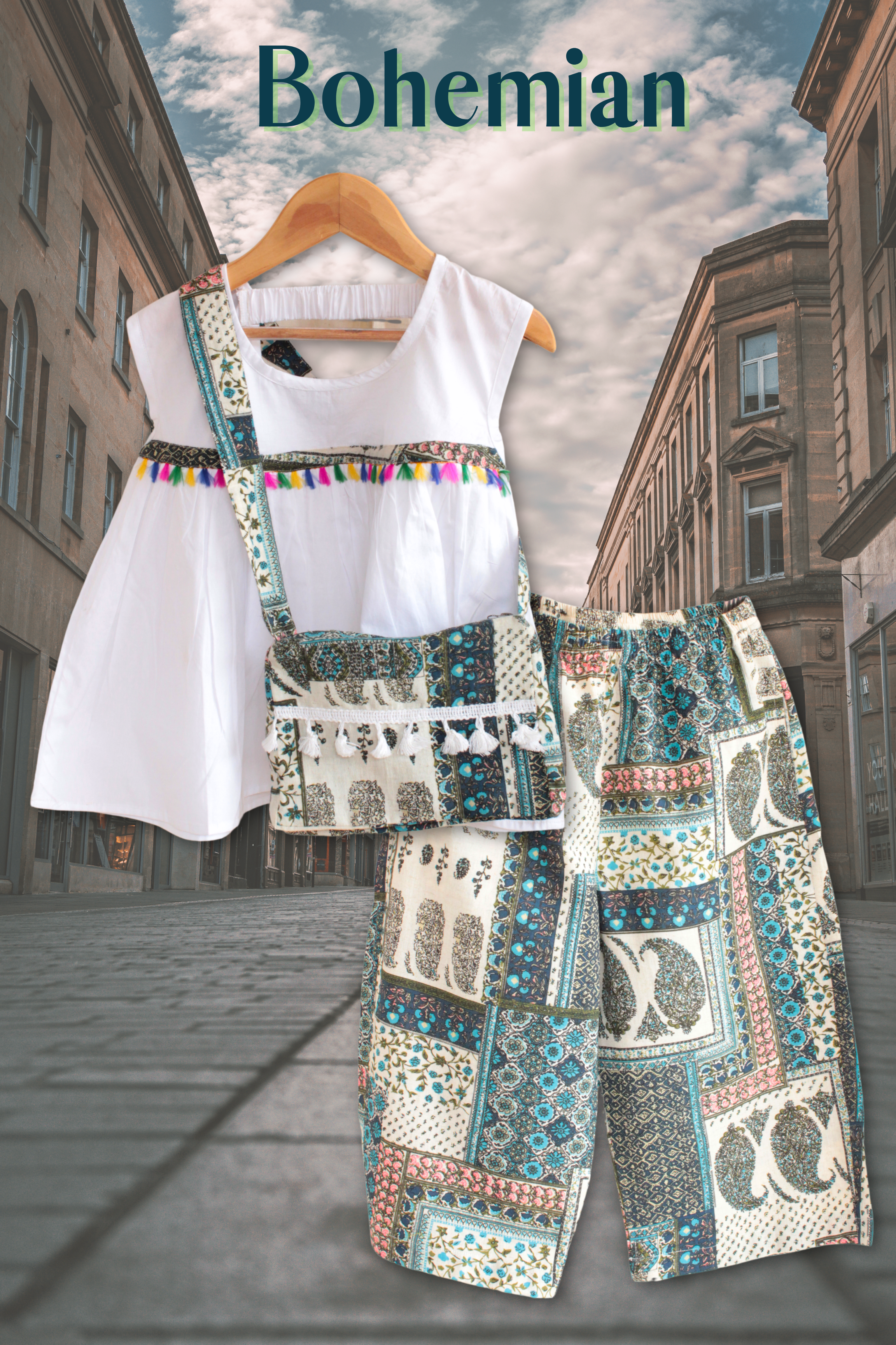 Girls Bohemian Pure Cotton Clothing set - White & Blue
