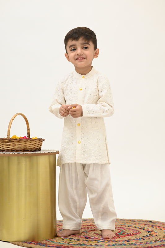 Boys Mubarak Schiffli embroidered Kurta with Salwaar set - Ivory White