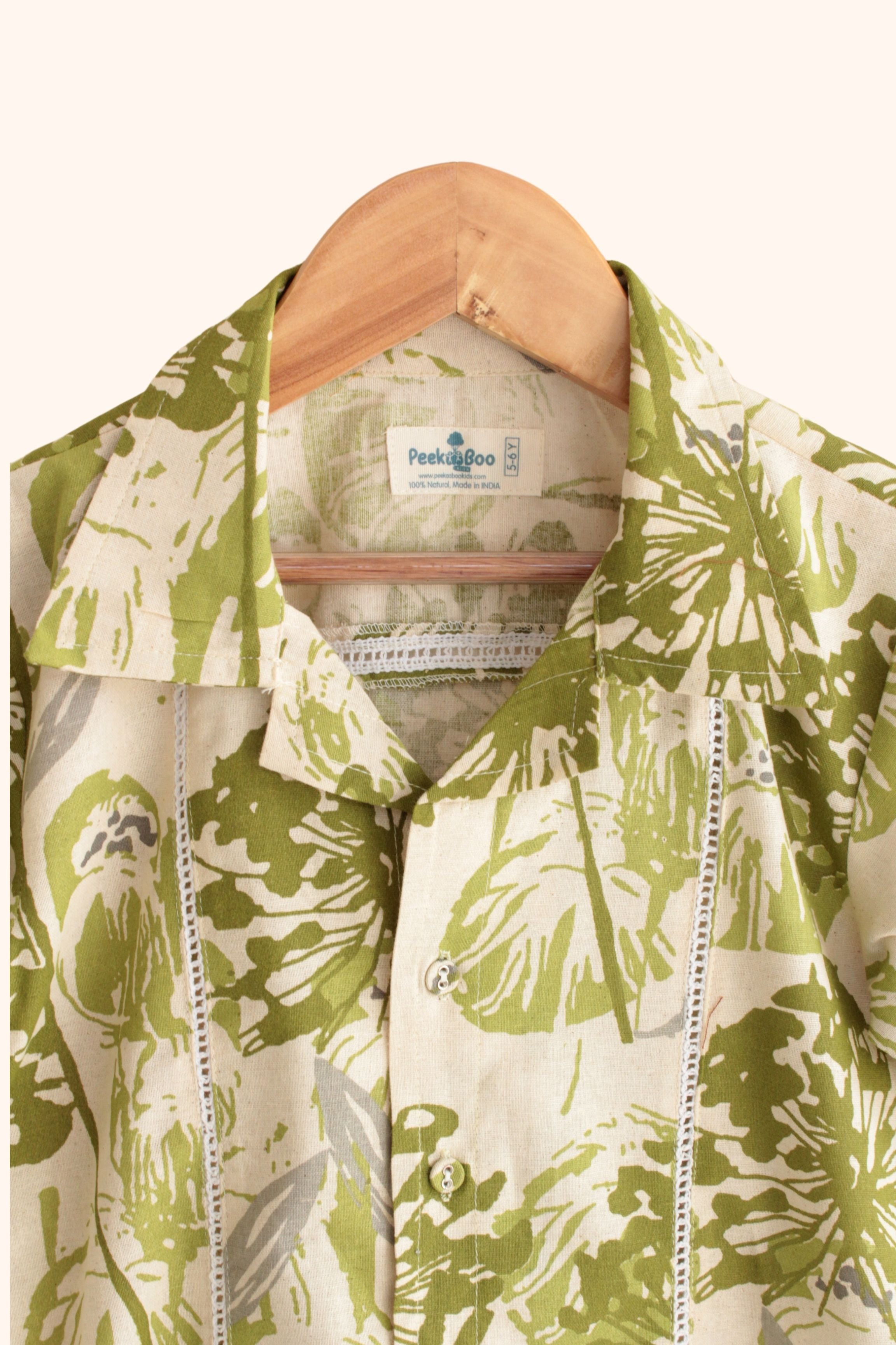 Boys Island Printed Shirt with loose fit pants - Green Beige