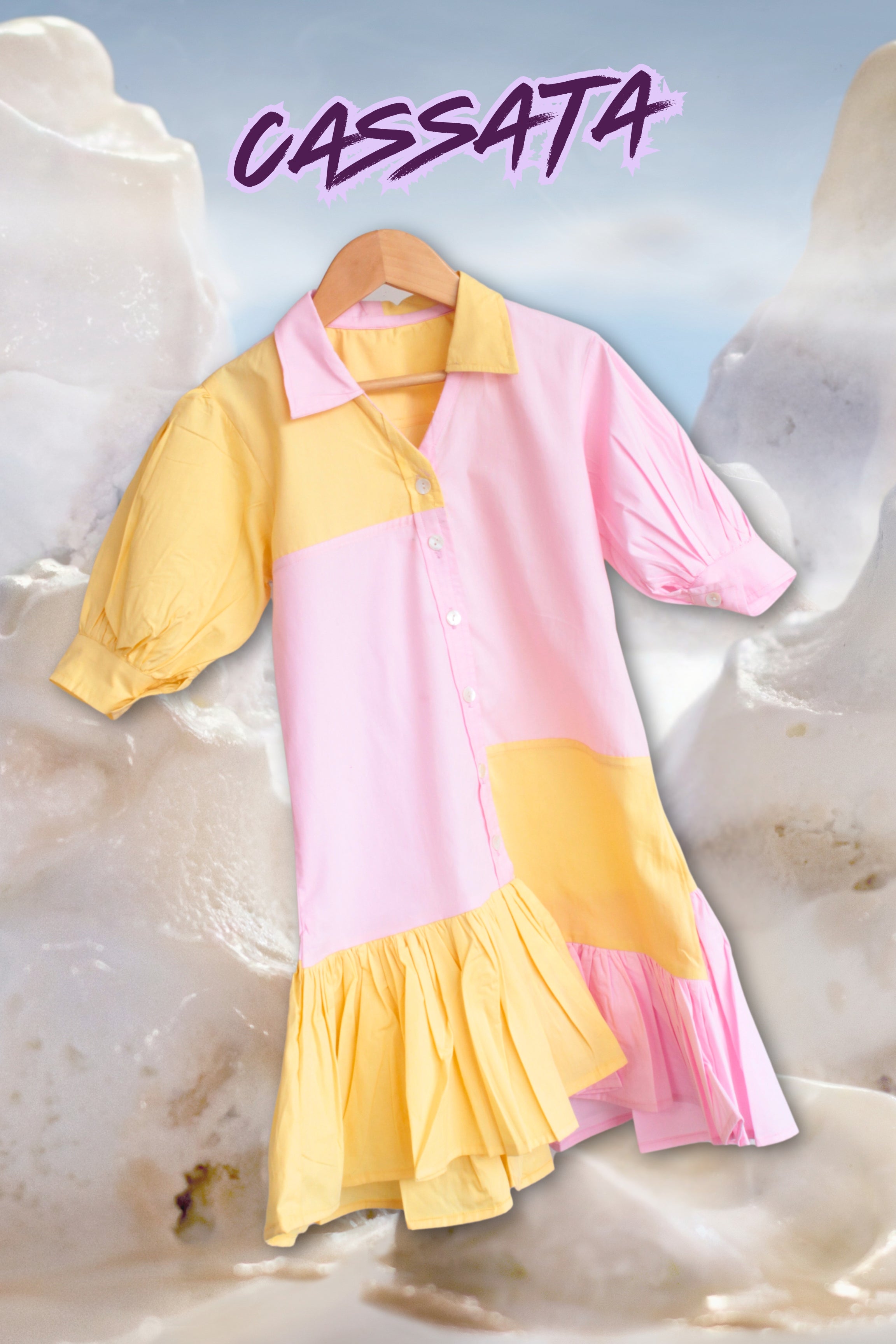 Girls Cassata Pure Cotton Asymmetrical Color Block Dress - Yellow Pink