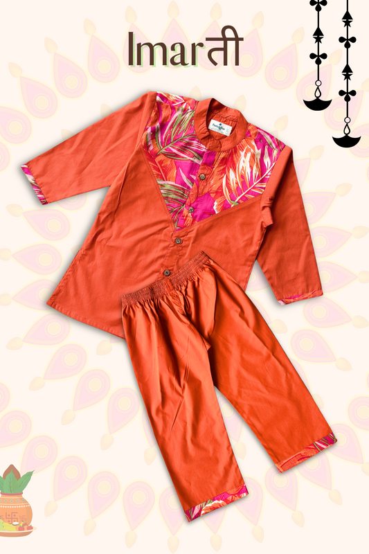 Boys Imarti Color block Kurta and pants set - Orange