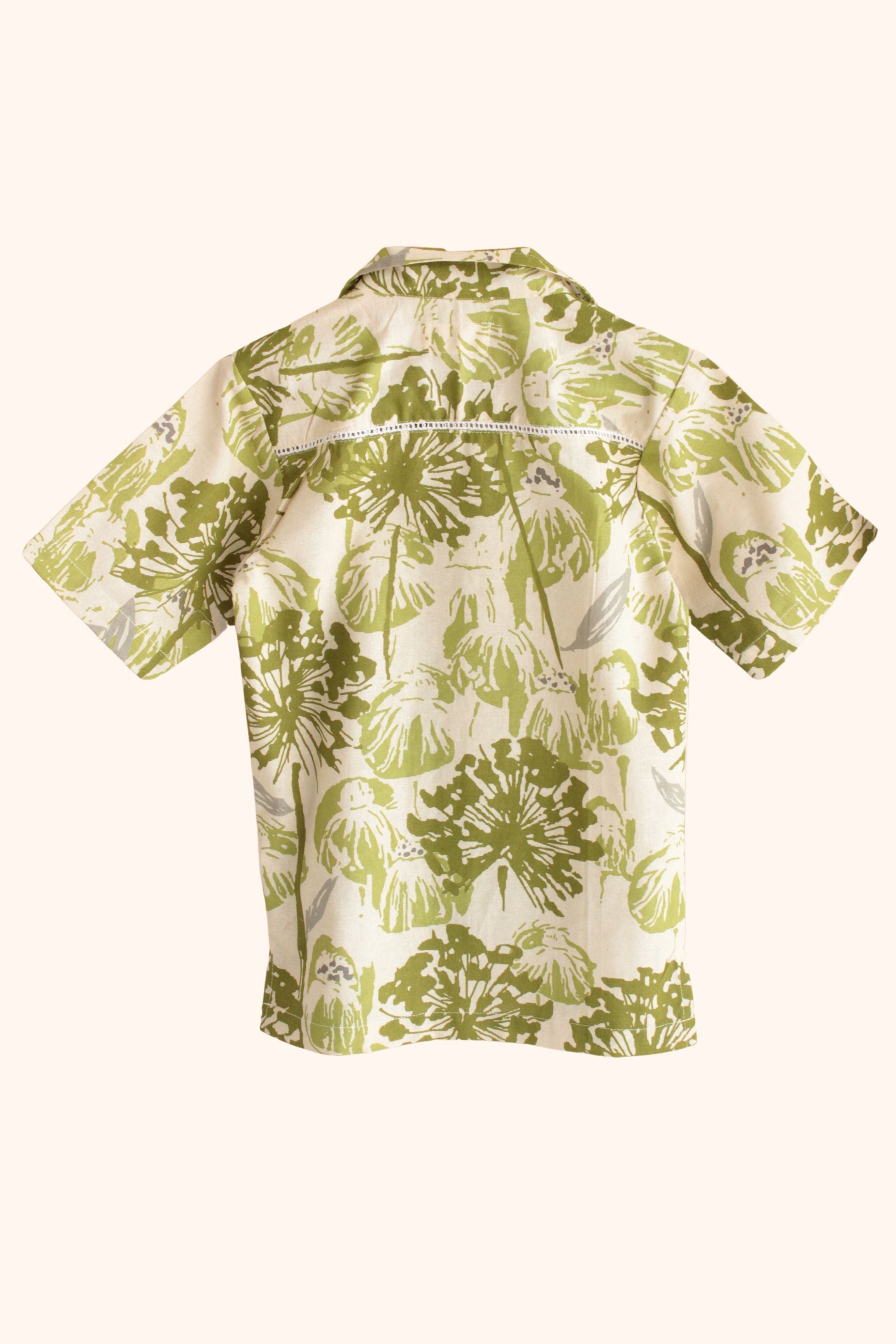 Boys Island Printed Shirt with loose fit pants - Green Beige