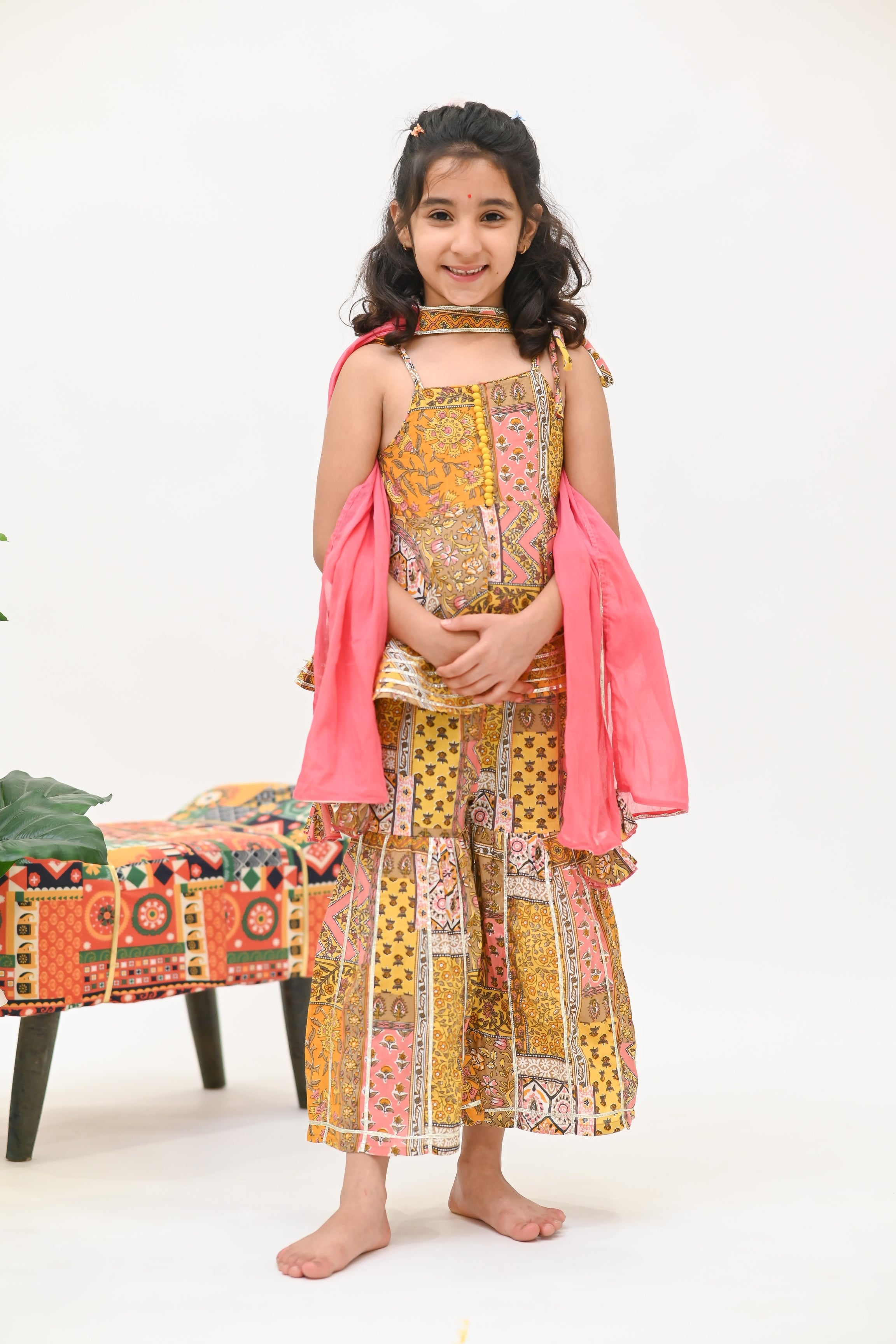 Girls Doria Kurti and sharara set with Dupatta - Peach Yellow