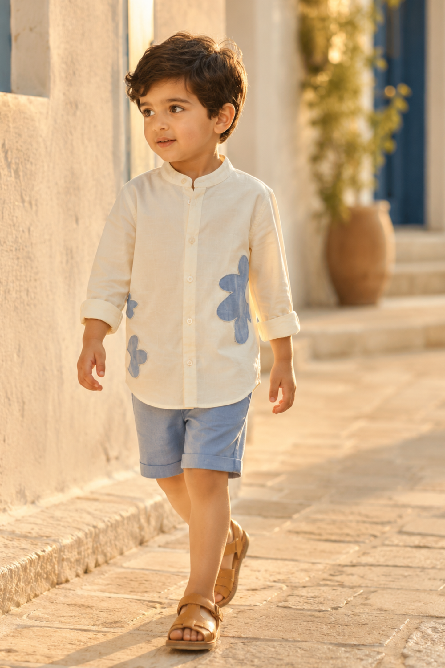 Boys Cloud Applique patchwork linen shirt with shorts - Yellow Blue