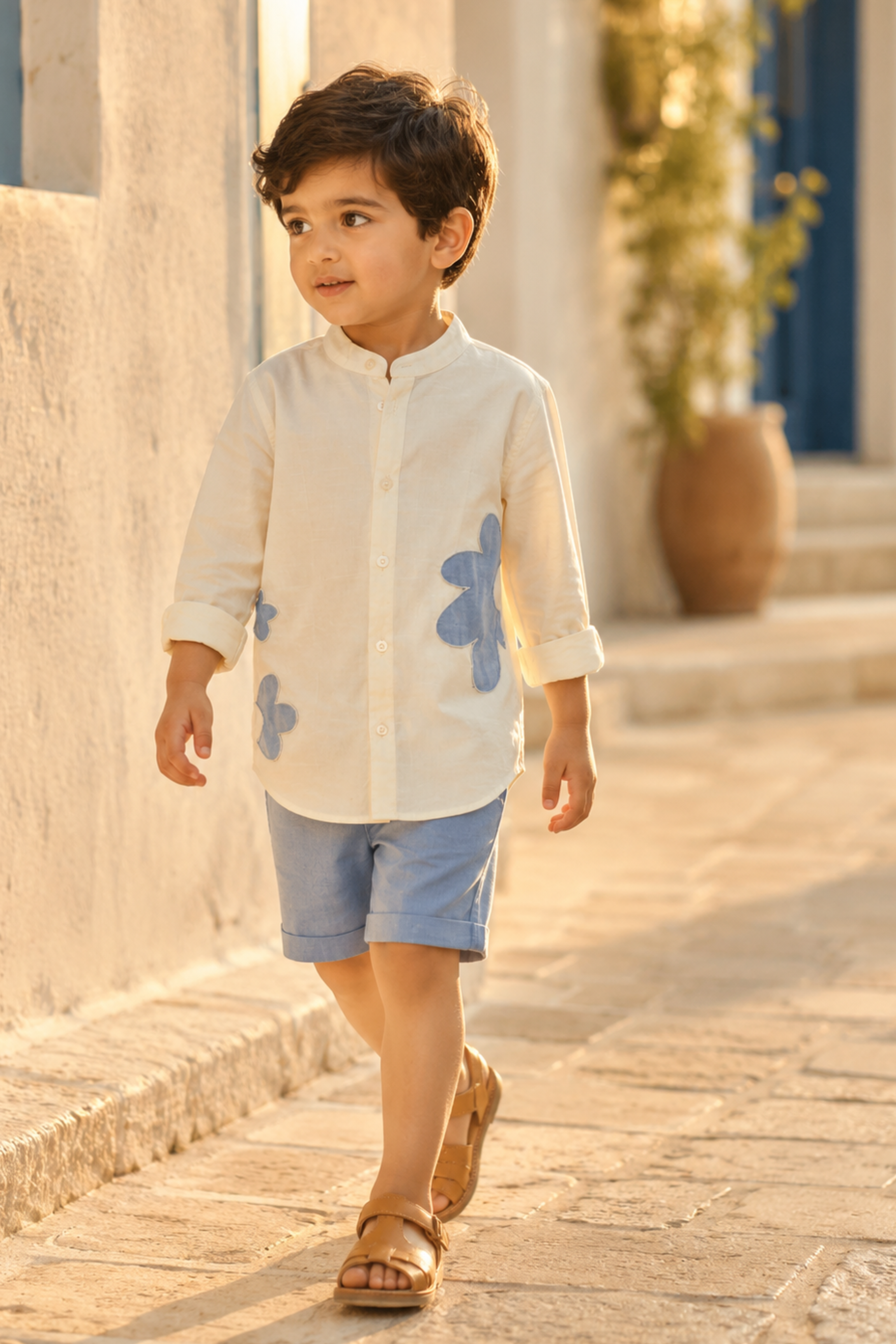 Boys Cloud Applique patchwork linen shirt with shorts - Yellow Blue