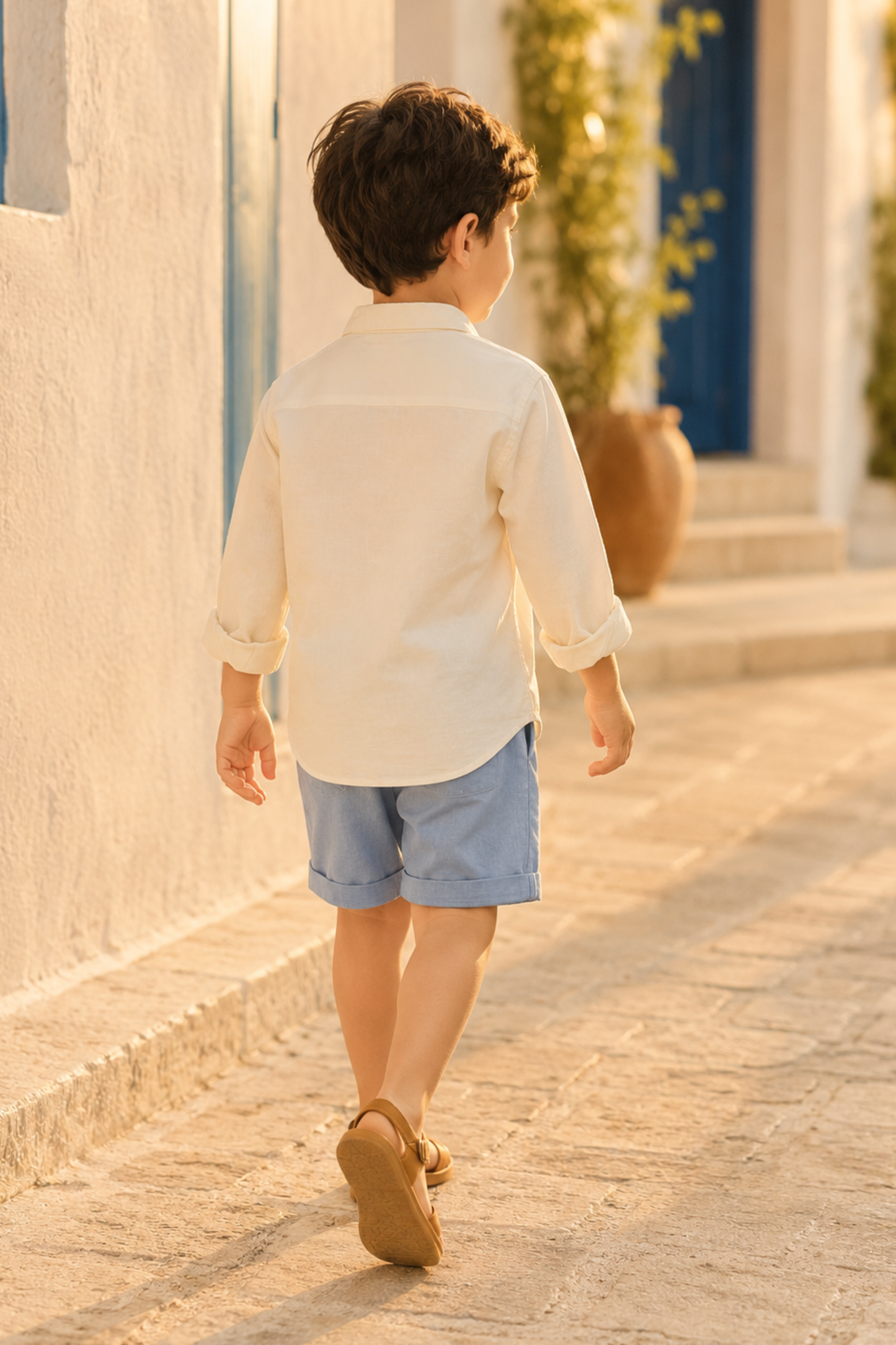 Boys Cloud Applique patchwork linen shirt with shorts - Yellow Blue