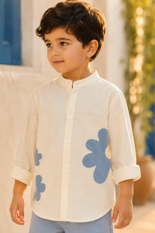 Boys Cloud Applique patchwork linen shirt with shorts - Yellow Blue