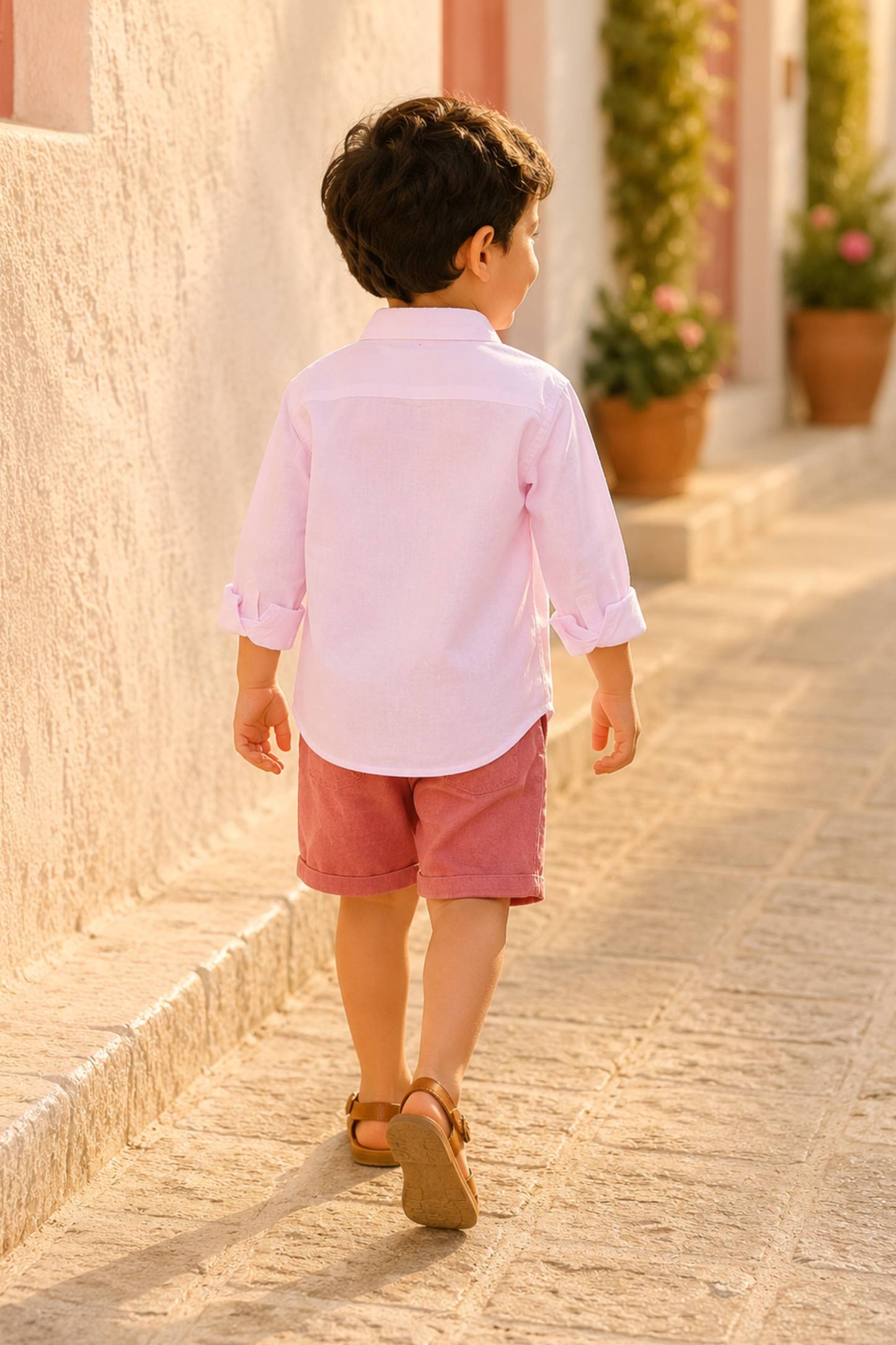 Boys Cloud Applique patchwork linen shirt with shorts - Pink