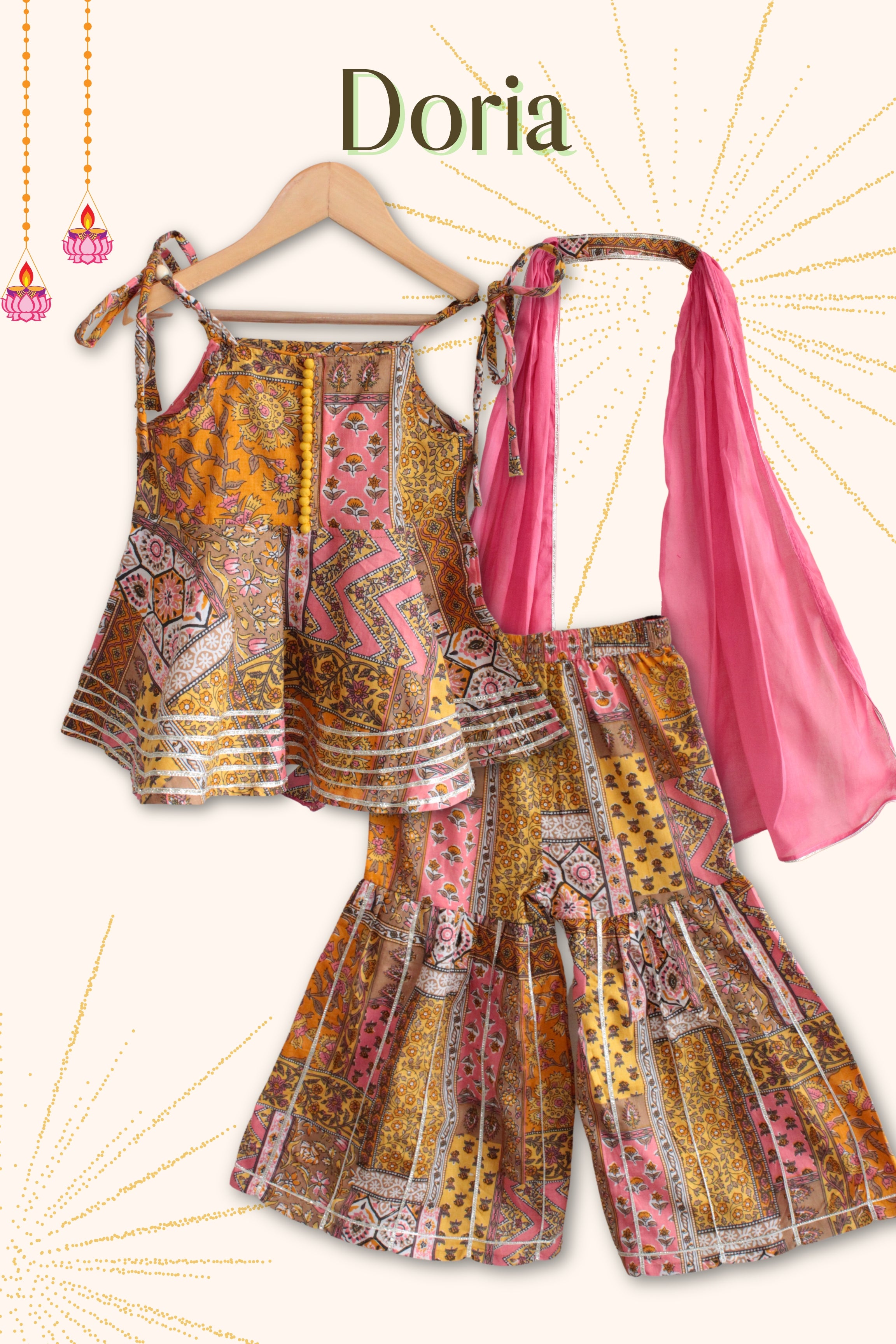 Girls Doria Kurti and sharara set with Dupatta - Peach Yellow