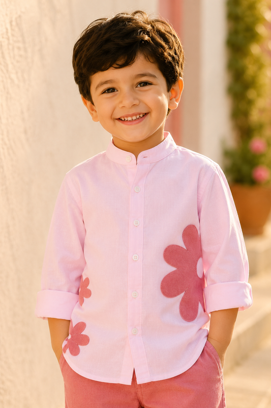 Boys Cloud Applique patchwork linen shirt with shorts - Pink