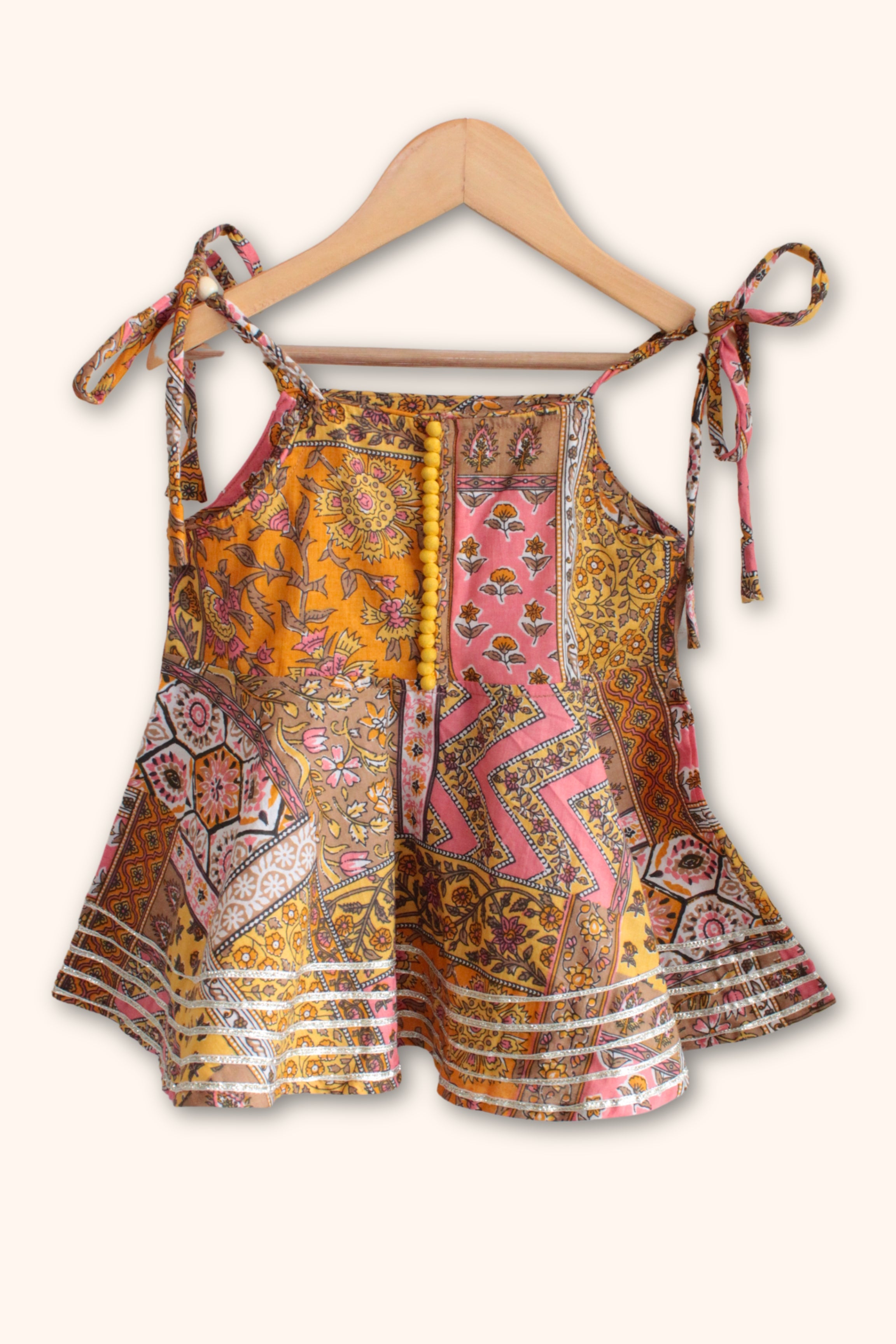 Girls Doria Kurti and sharara set with Dupatta - Peach Yellow