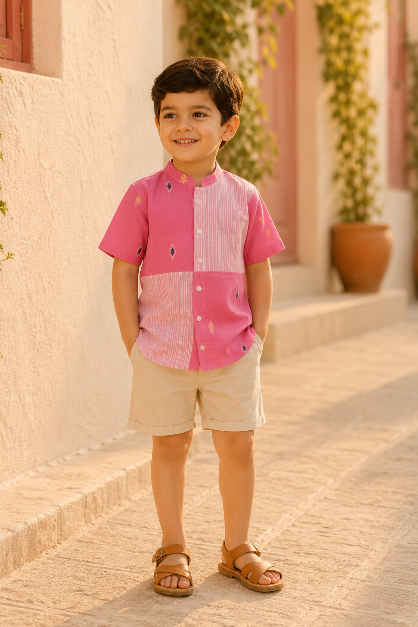 Boys Pure Handloom Cotton shirt with beige shorts - Pink