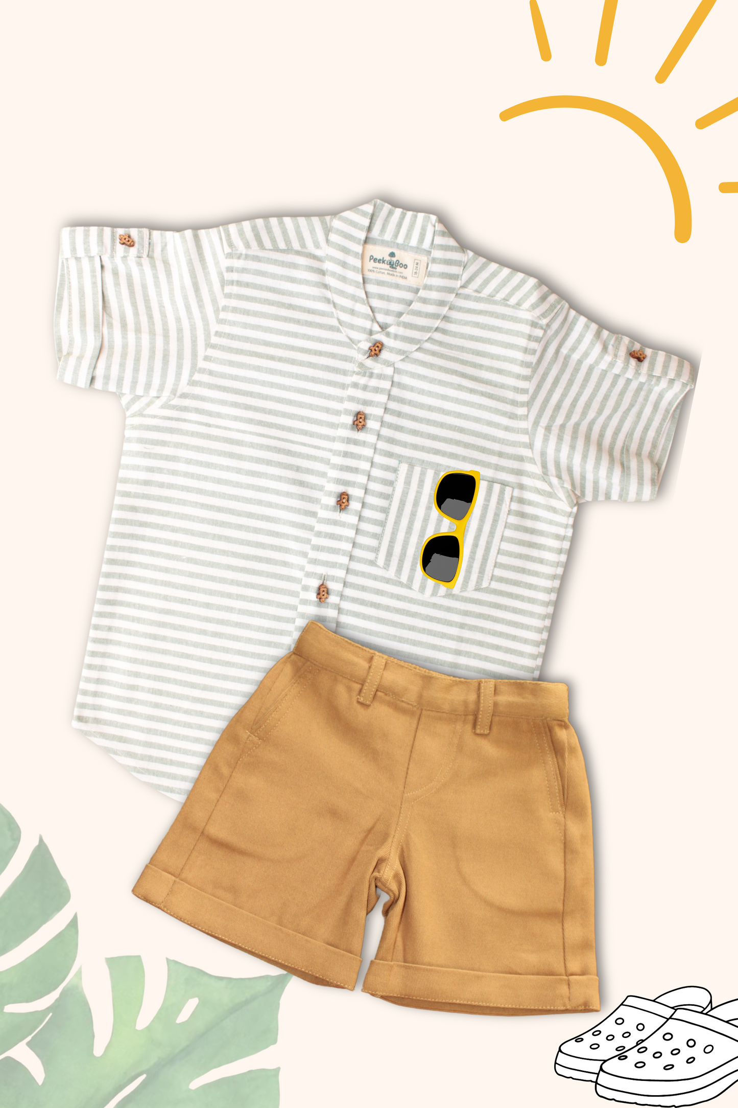 Boys Pure Cotton Clothing Set - Green Striped Half Sleeve Shirt & Shorts