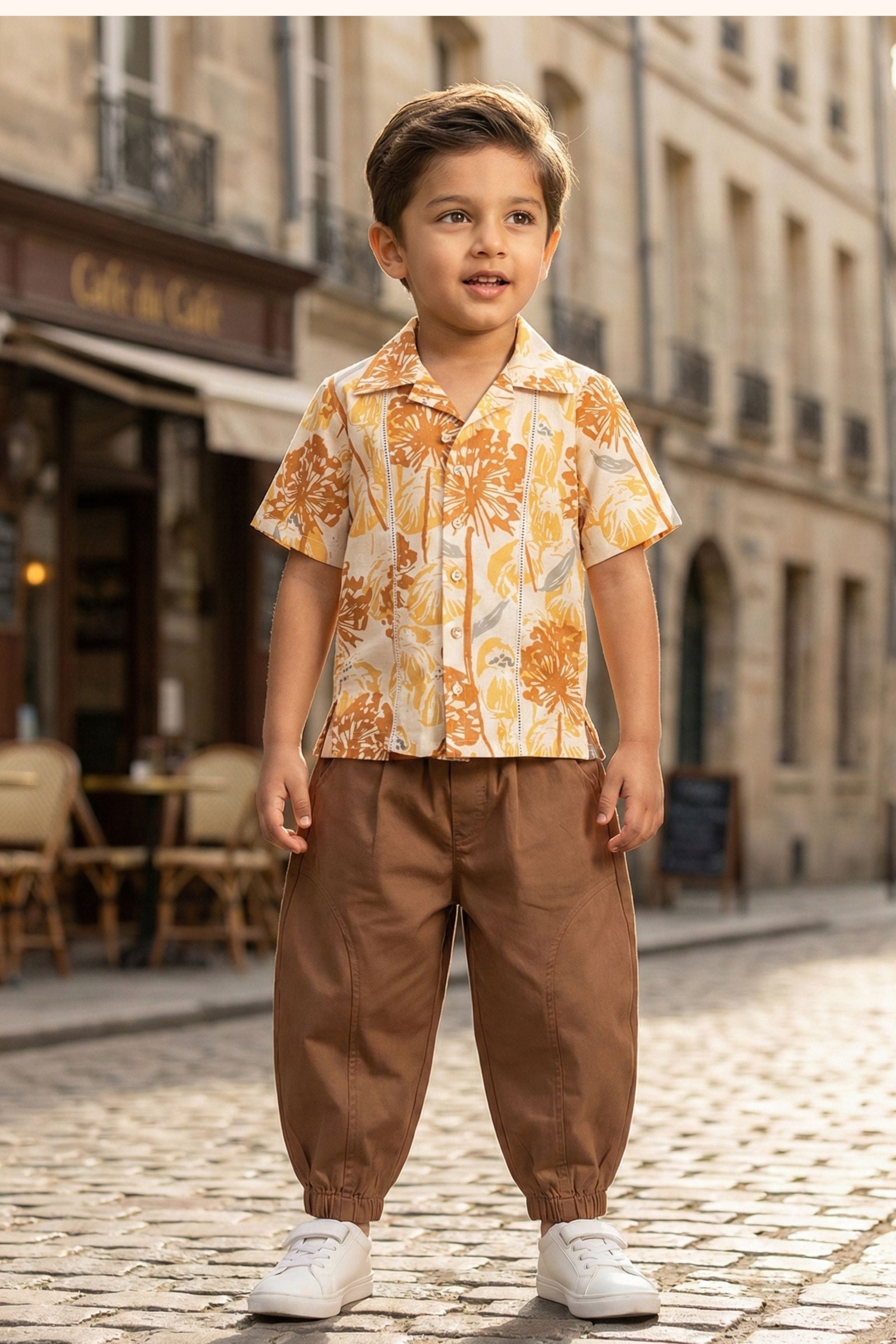 Boys Island Printed Shirt with loose fit pants - Brown