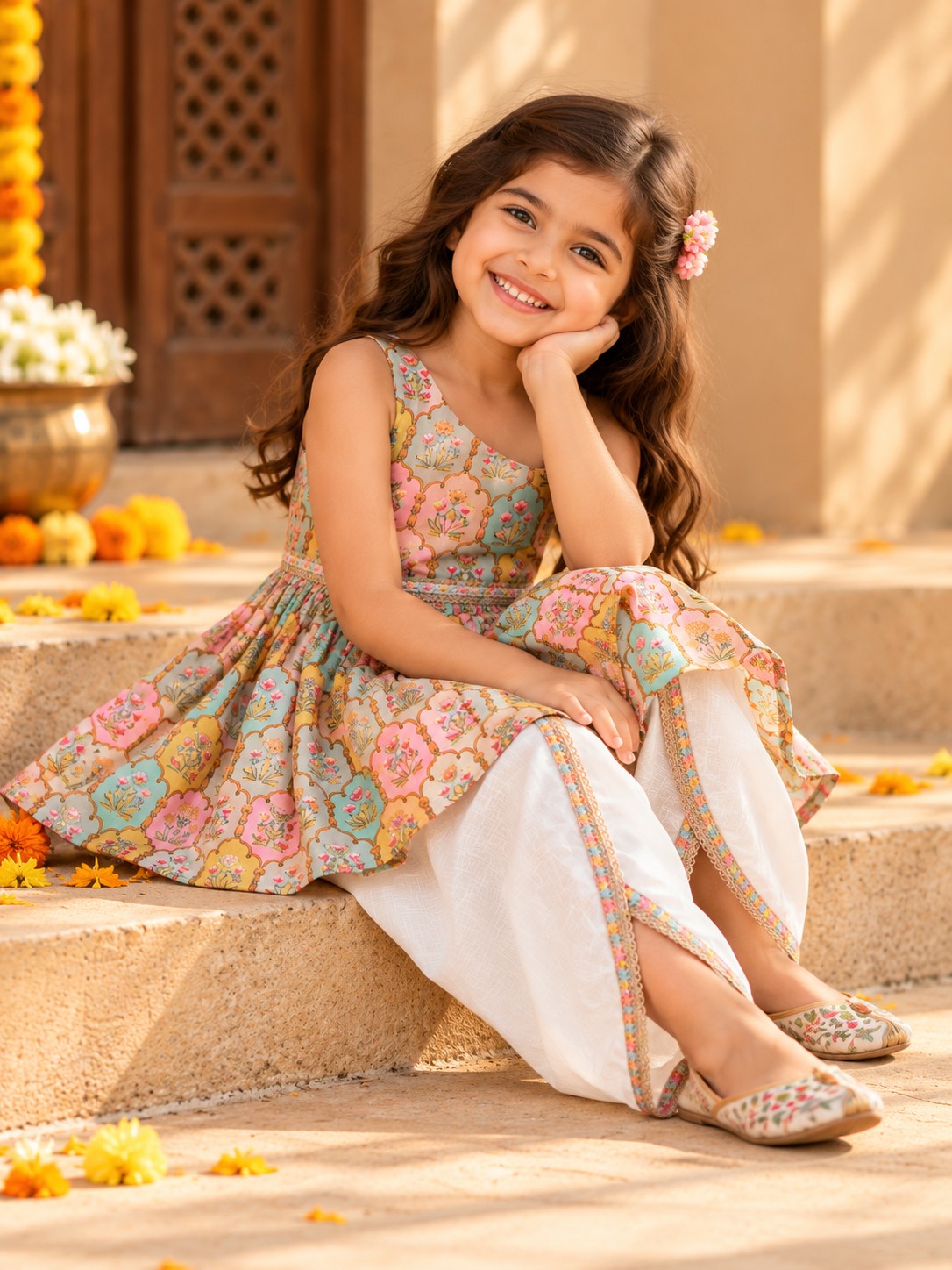 Girls Saavan Pure Cotton Ethnic Clothing set - Mustard Green