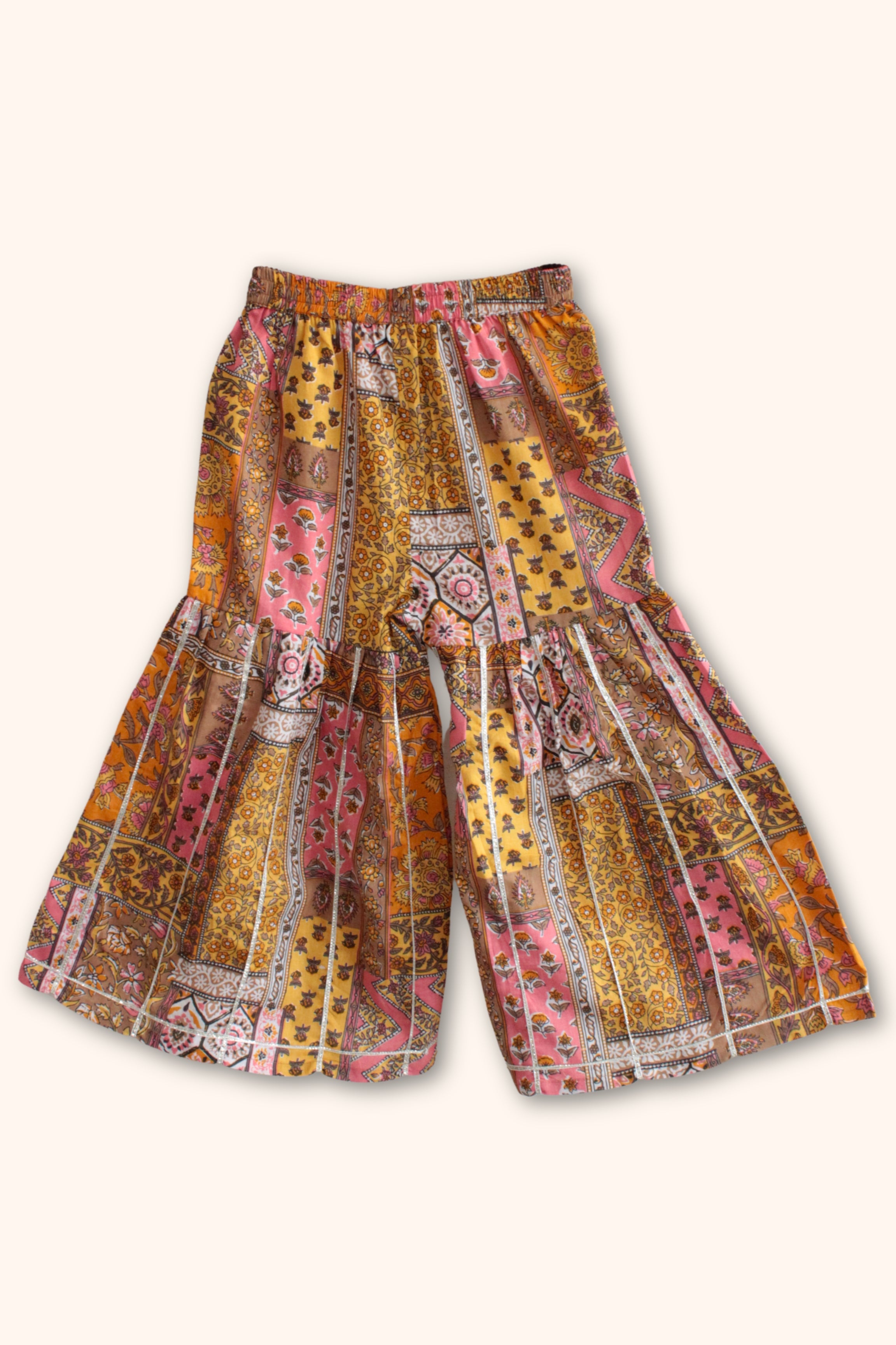 Girls Doria Kurti and sharara set with Dupatta - Peach Yellow