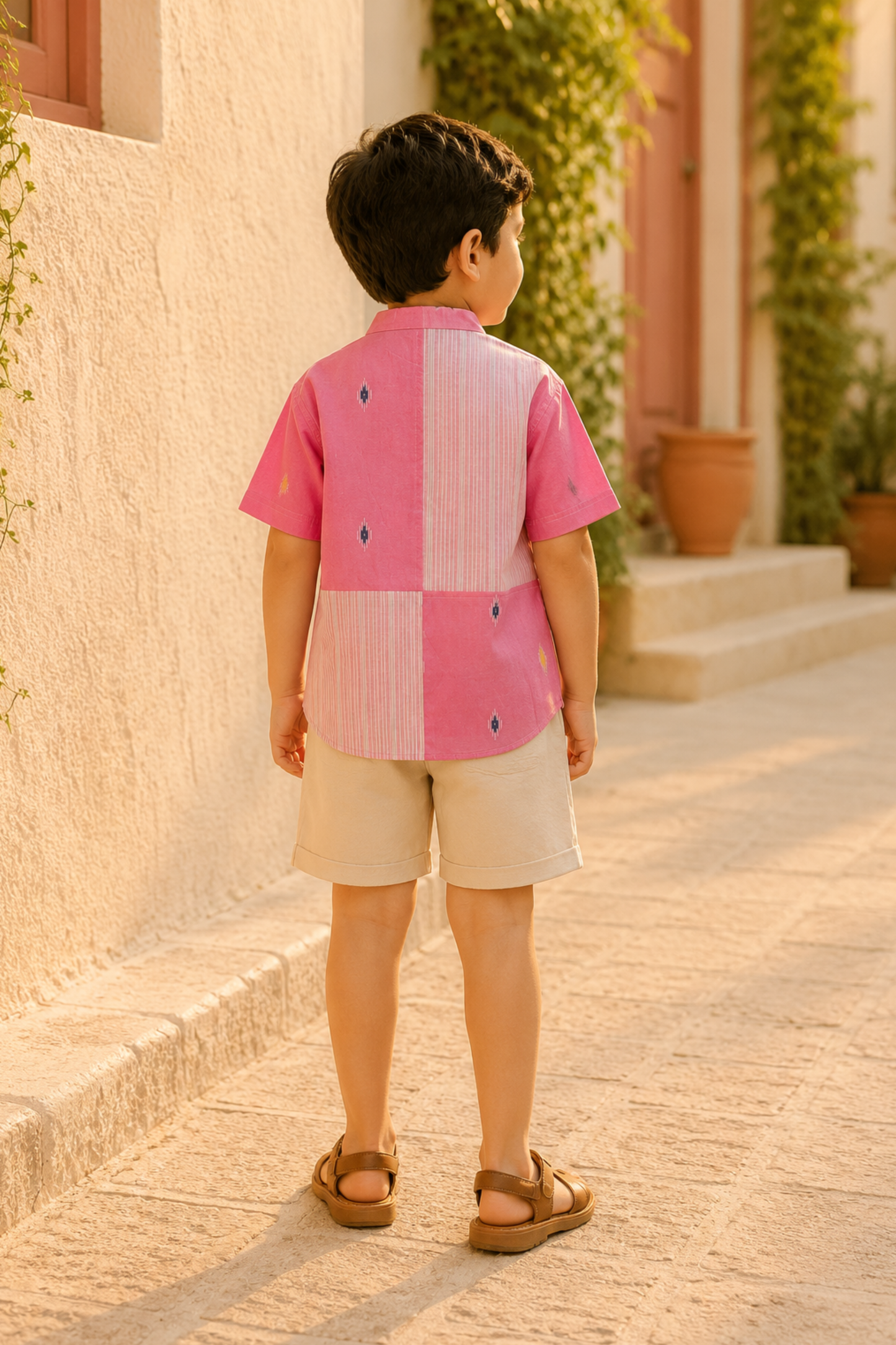 Boys Pure Handloom Cotton shirt with beige shorts - Pink