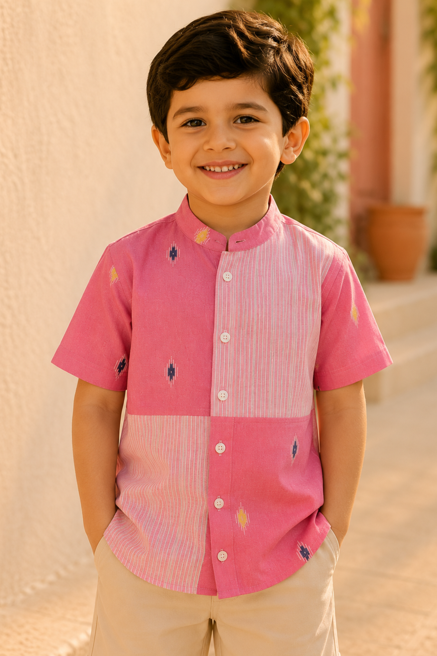 Boys Pure Handloom Cotton shirt with beige shorts - Pink