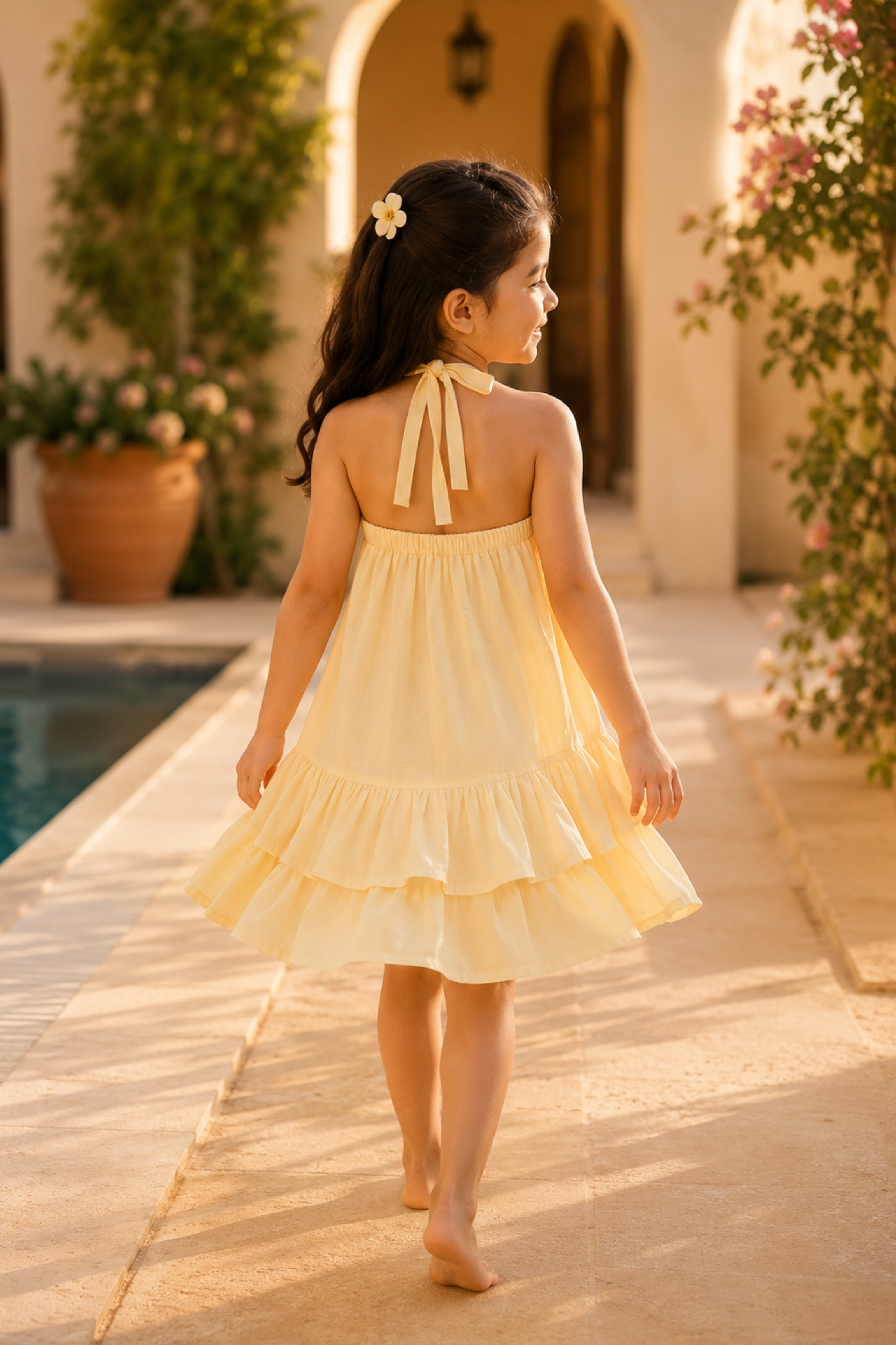 Girls Pure Mulmul halter neck tiered dress - Butter Yellow