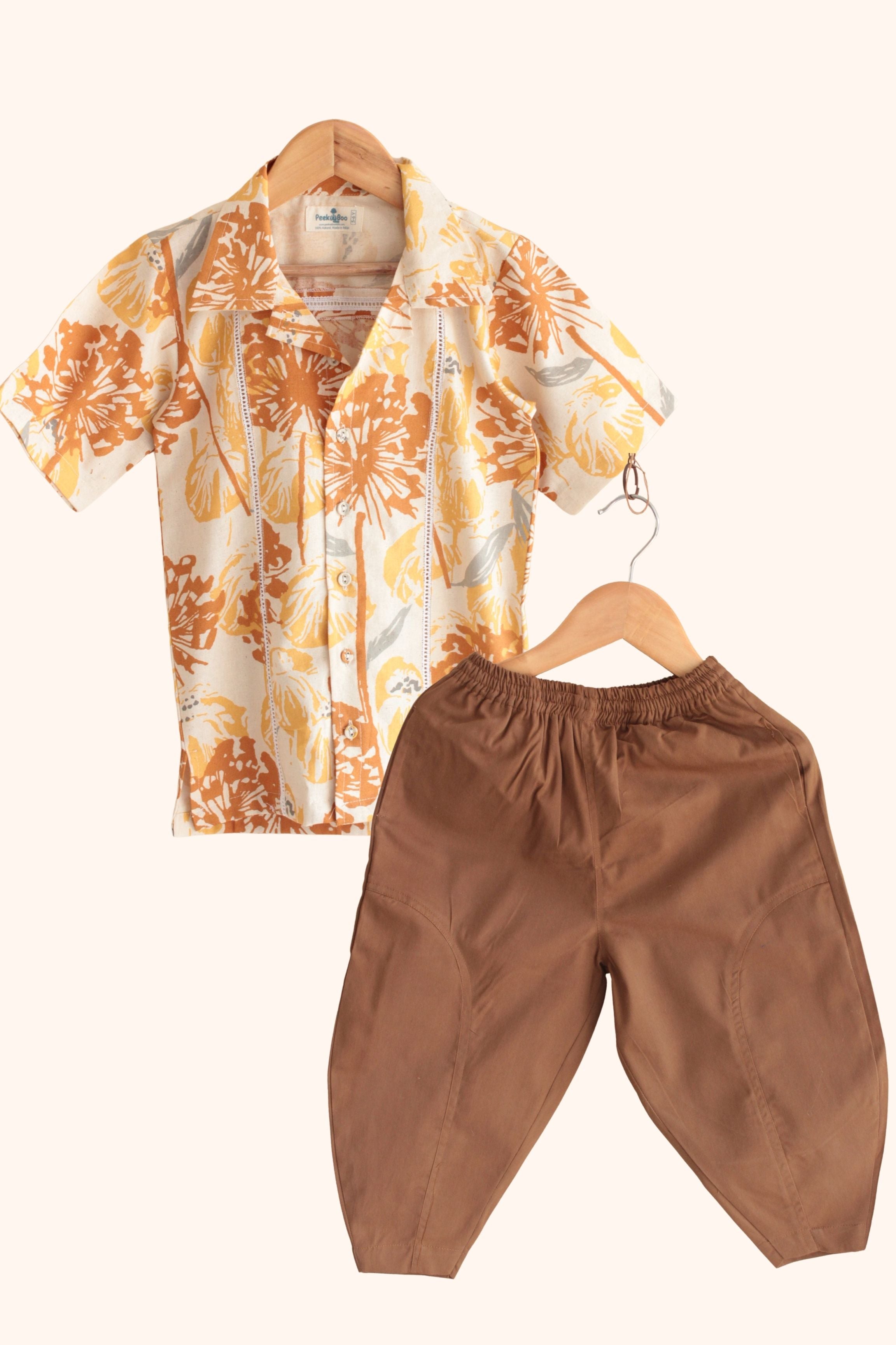 Boys Island Printed Shirt with loose fit pants - Brown